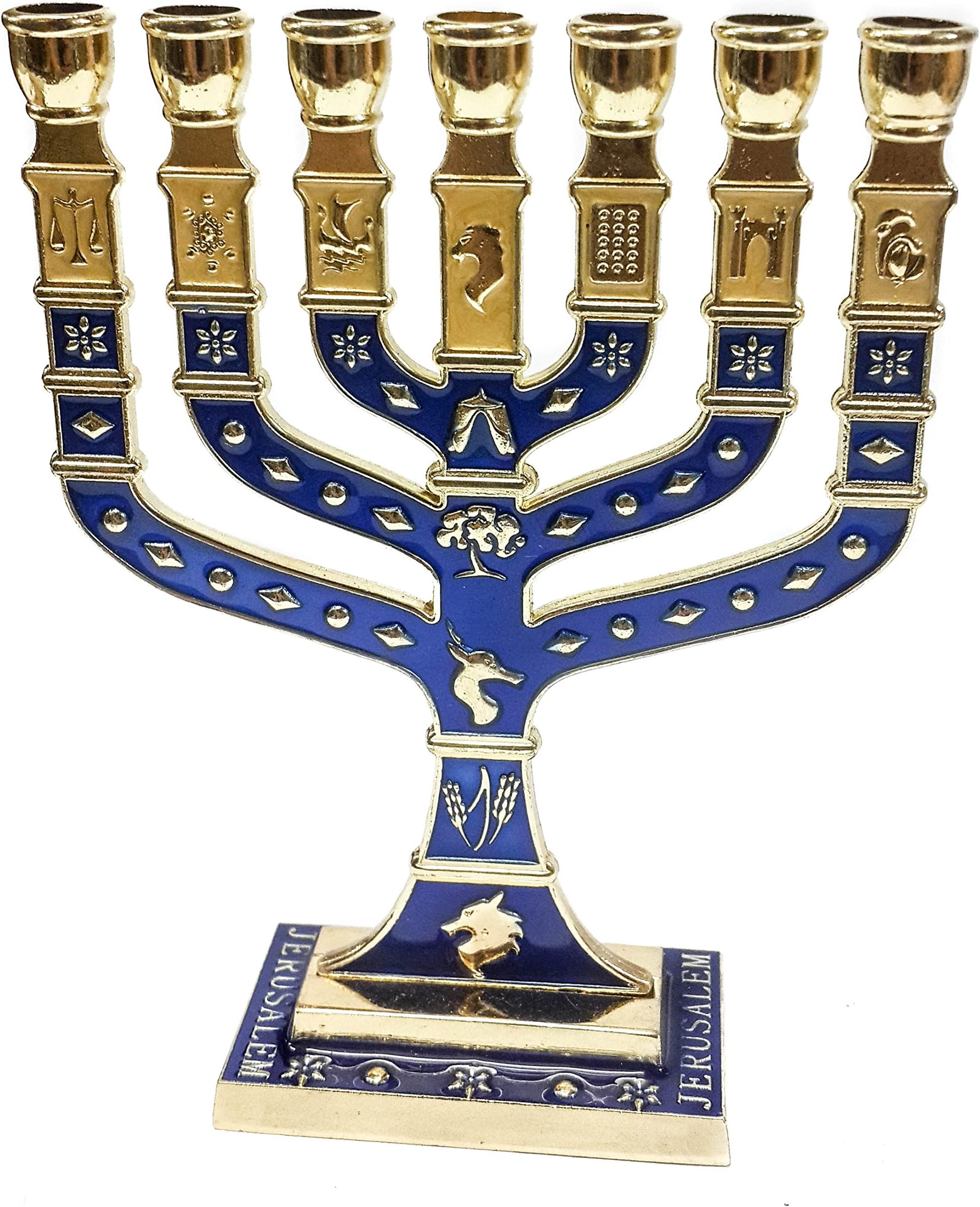 Lion Of Judah Market Blue Enamel Menorah - 7 Branch With 12 Tribes Symbols, 10.75" High