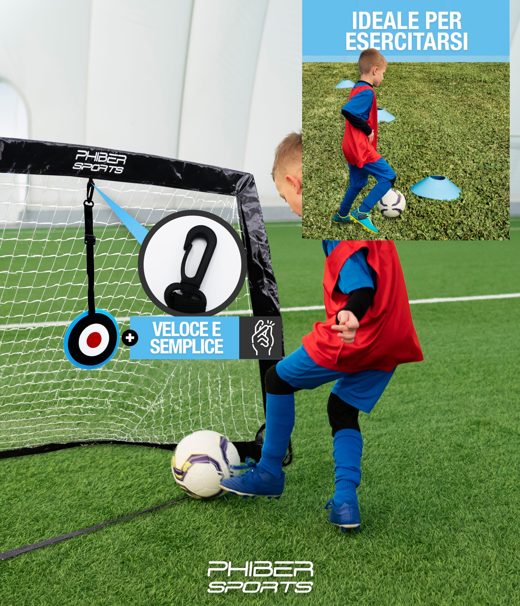 PHIBER-SPORTS Set di porte da calcio per bambini per 2 persone - Versione migliorata 2026 con pali in fibra di vetro rinforzati - Incl. borsa per il trasporto, 6x coni, 2x bersaglio