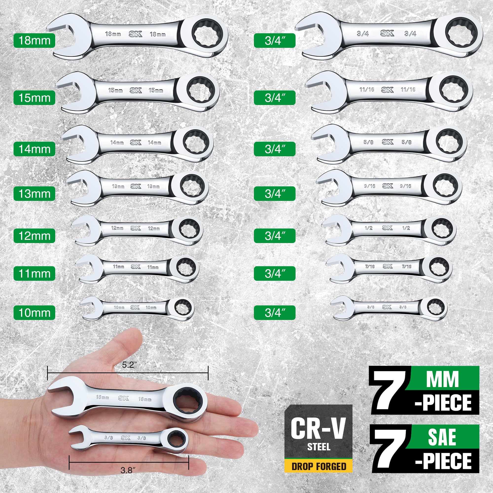 SK Stubby - Juego de llaves de trinquete, juego de llaves combinadas, 14 piezas, SAE y métricas, 72 dientes, acero CR-V, con bolsa rodante