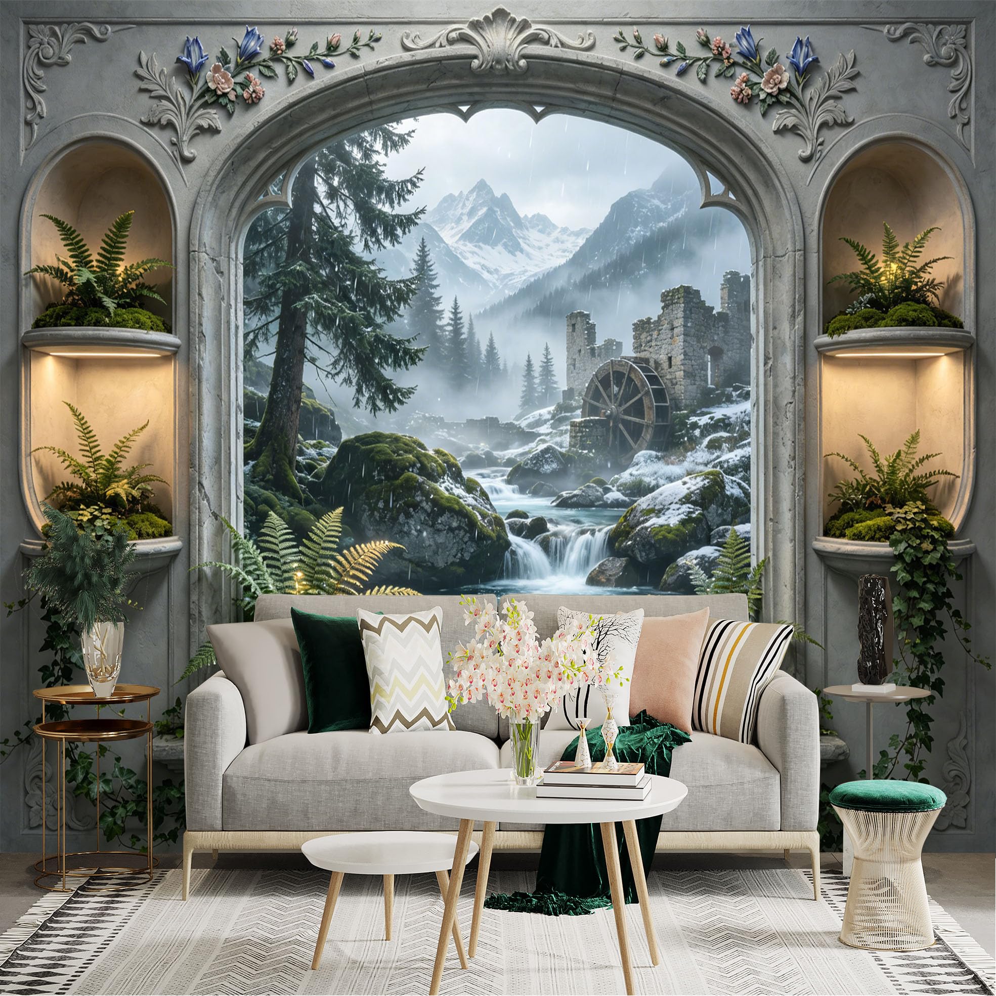 Custom Size Wall Sticker Mural， Medieval Watermill Landscape with Mountain River and Stone Ruins， for wall Decoration， peelandstick wall Decals.