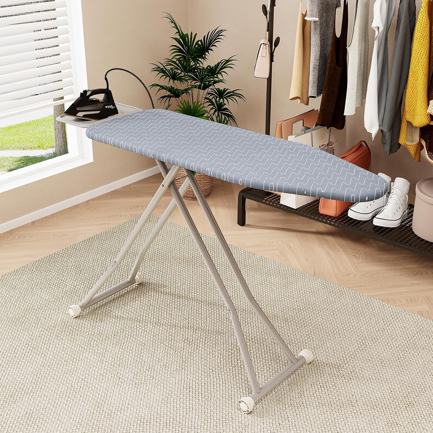 Giantex Ironing Board with Iron Rest, 56'' x 16.5'' Carbon Steel Iron Board with 4 Layer Heat Resistant Cover & Pad, 7 Adjustable Heights, Non-Slip Legs, Folding Heavy Duty Ironing Boards, Light Gray
