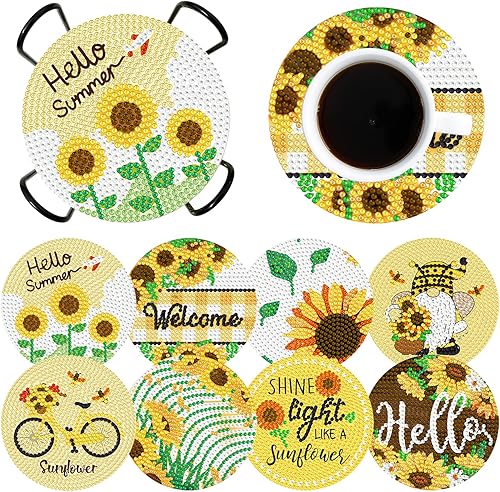 Miniatura 8 de JeCuiK 8 posavasos de pintura de diamante de girasol 5D DIY posavasos de diamante para adultos, niños, principiantes, regalos de Navidad,