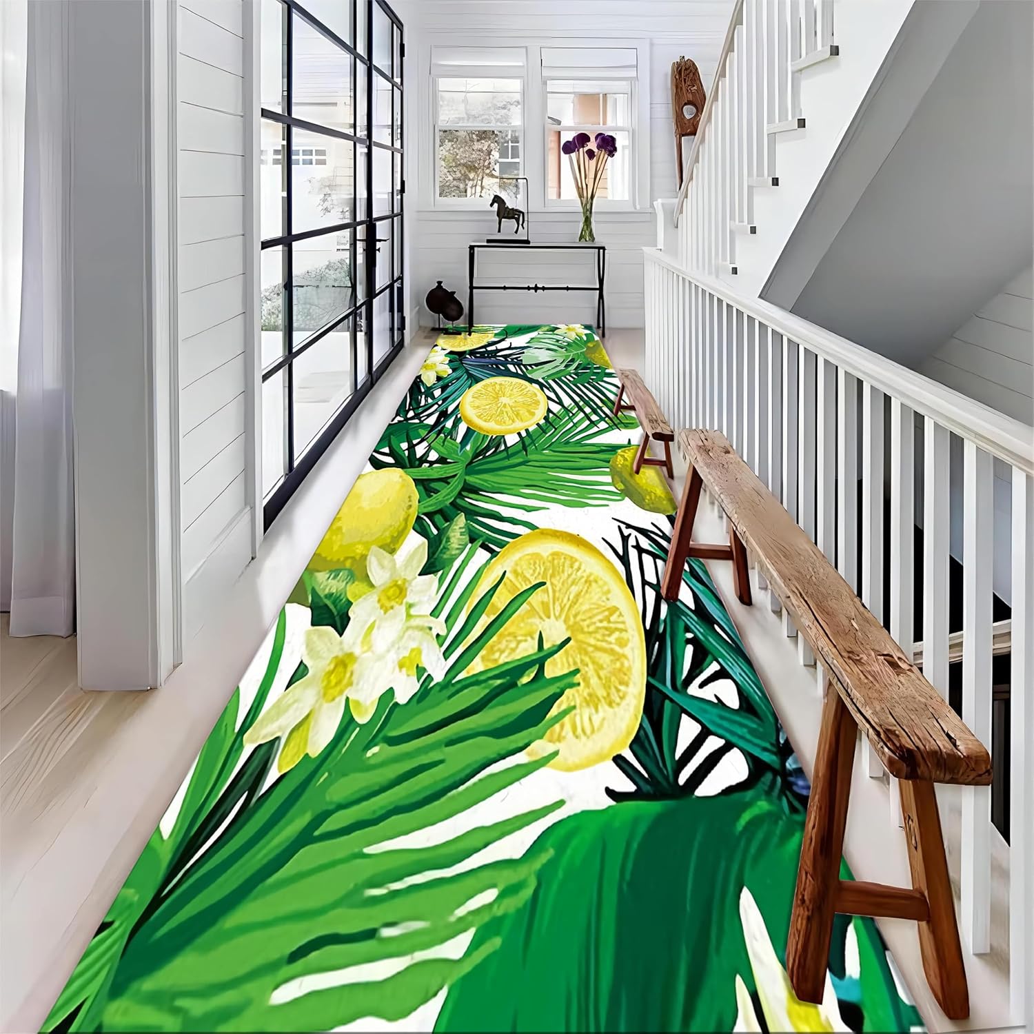 Lemon Floral Entrance Rug, 2x6ft, Tropical Palm Leaf Runner for Entryway, Printed with Non Slip Backing Bedroom Rug, Absorbent Pet Friendly Bathroom Carpet for Dining Room Runners