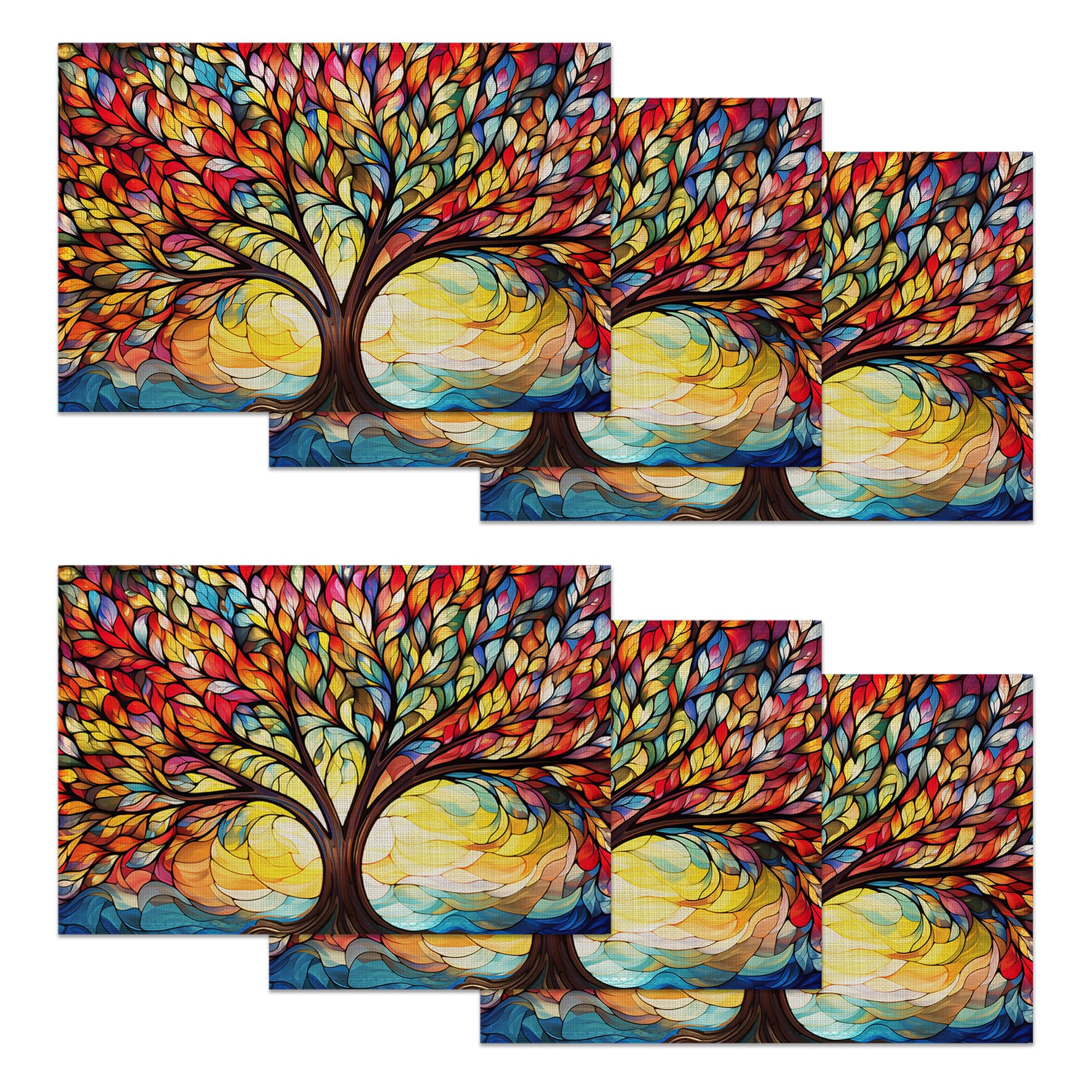 Placemats Set of 6,Tree of Life Washable Table Mats for Dining or Coffee Table,Colorful Abstract Heat Resistant Non-Slip Place Mats for Home Party 12"x18"