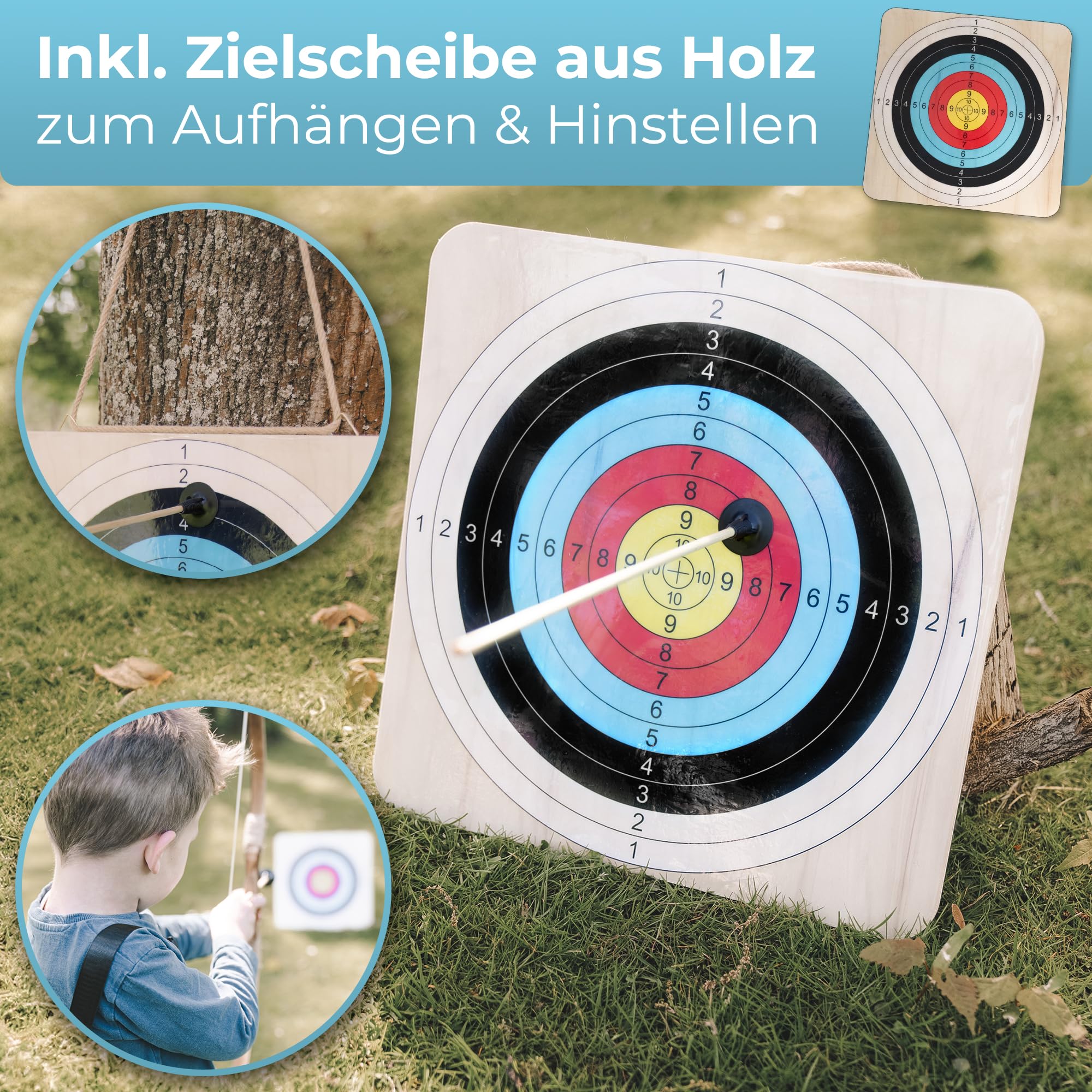 BOWRILLA® Pfeil und Bogen Kinder Set mit 6 Saugnapf-Pfeilen, Zielscheibe aus Holz und Köcher | Bogenschießen Kinder Spielzeug für Indoor- und Outdoor Spiele ab 4 Jahren | Für Rechts- und Linkshänder