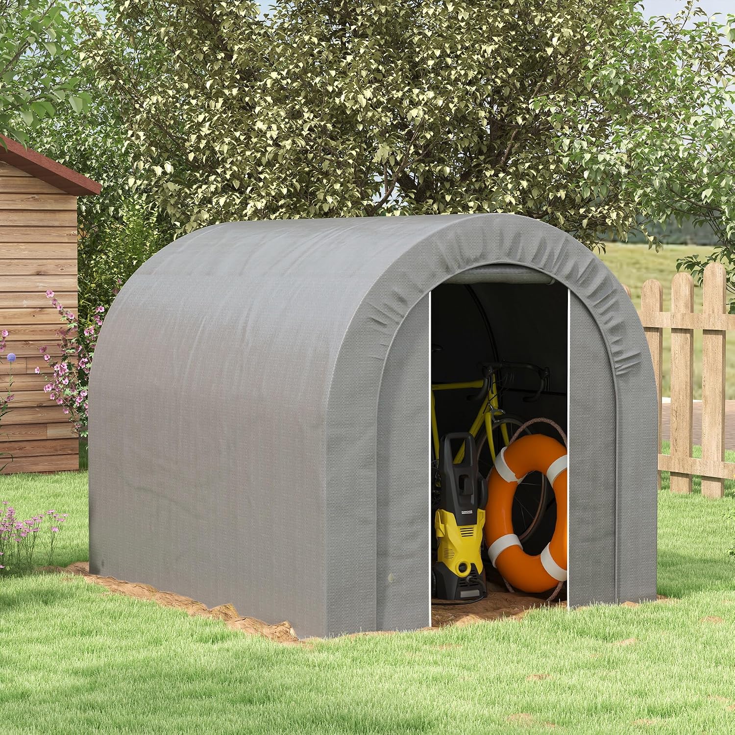 6' x 8' Heavy-Duty Portable Storage Shelter with Galvanized Frame – Waterproof Outdoor Shed Tarp for Bike, Motorcycle & Garden Tools (Gray)