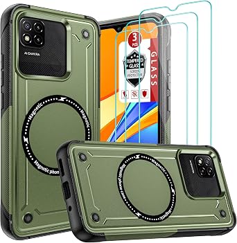 Xiaomi Redmi 9C/Redmi 9C NFC/Redmi 9 Activ Case, Xiaomi Redmi 10A Case with 3X Tempered Glass Screen Protector, Compatible with Magnetic Coil Military-Grade Anti-Fingerprint Matte Case -Army Green