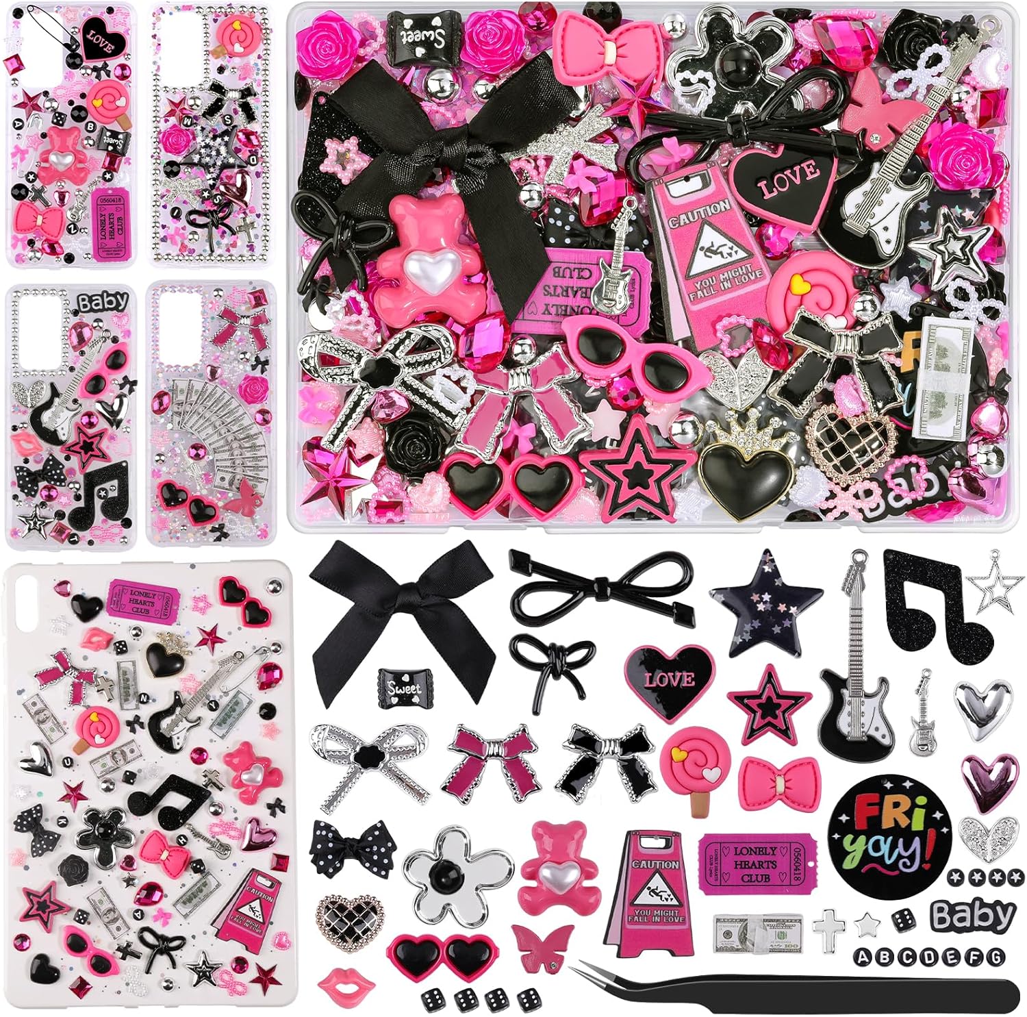 1740 Pcs Junk Case Charms Kit, Junk Phone Case for Customizing DIY, Letter Beads, Kawaii Nail Accessories Flatback Beads, Star, Love, Rhinestones, Candy Bow Charms, Cute Decors for DIY Crafts