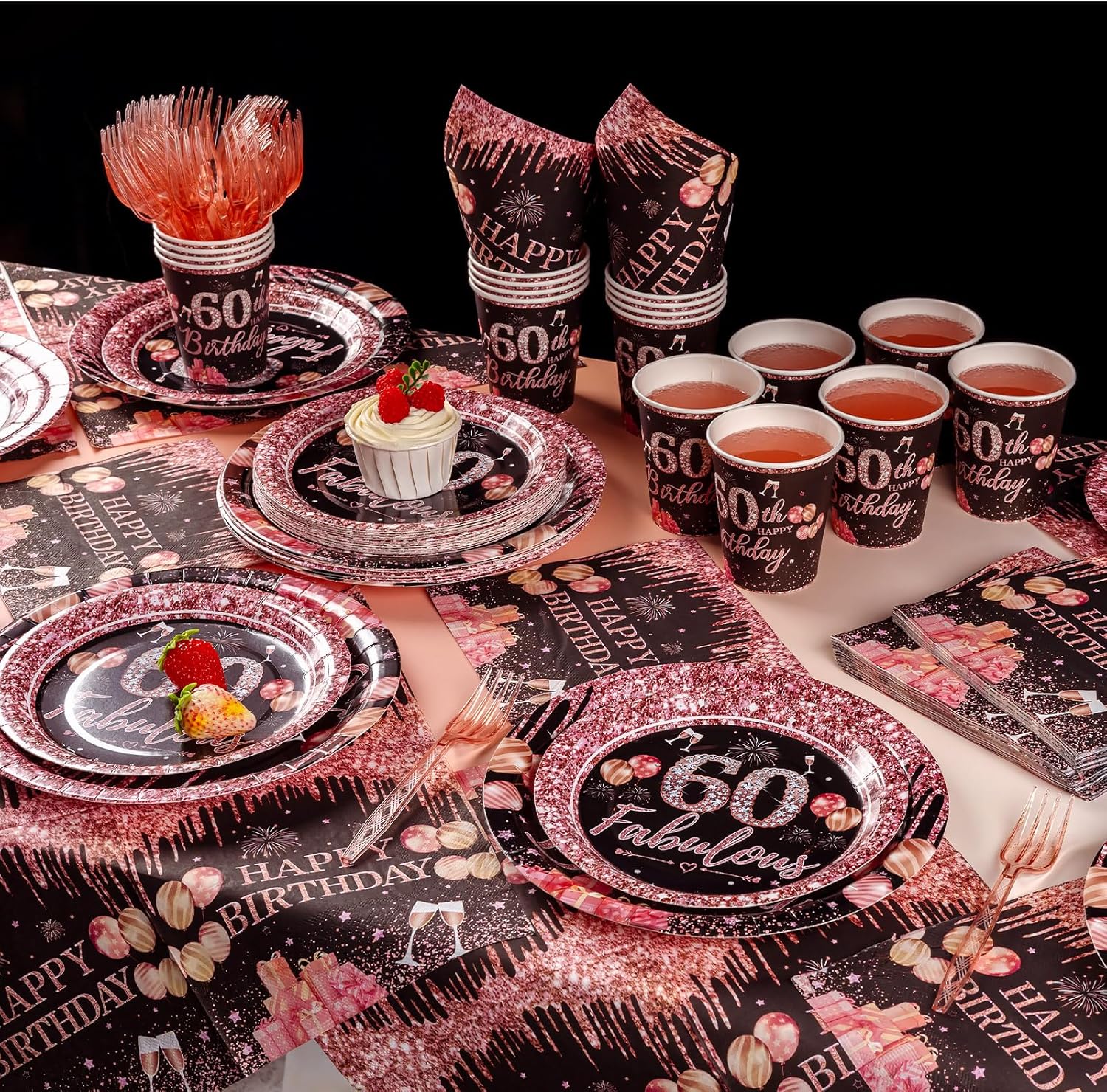 350PCS 60th Birthday Party Decorations for 50 Guests Black and Rose Gold Party Supplies for Women Include Disposable Paper Plates, Napkins, Cups, and Disposable Plastic Cutlery (60) - Image 6