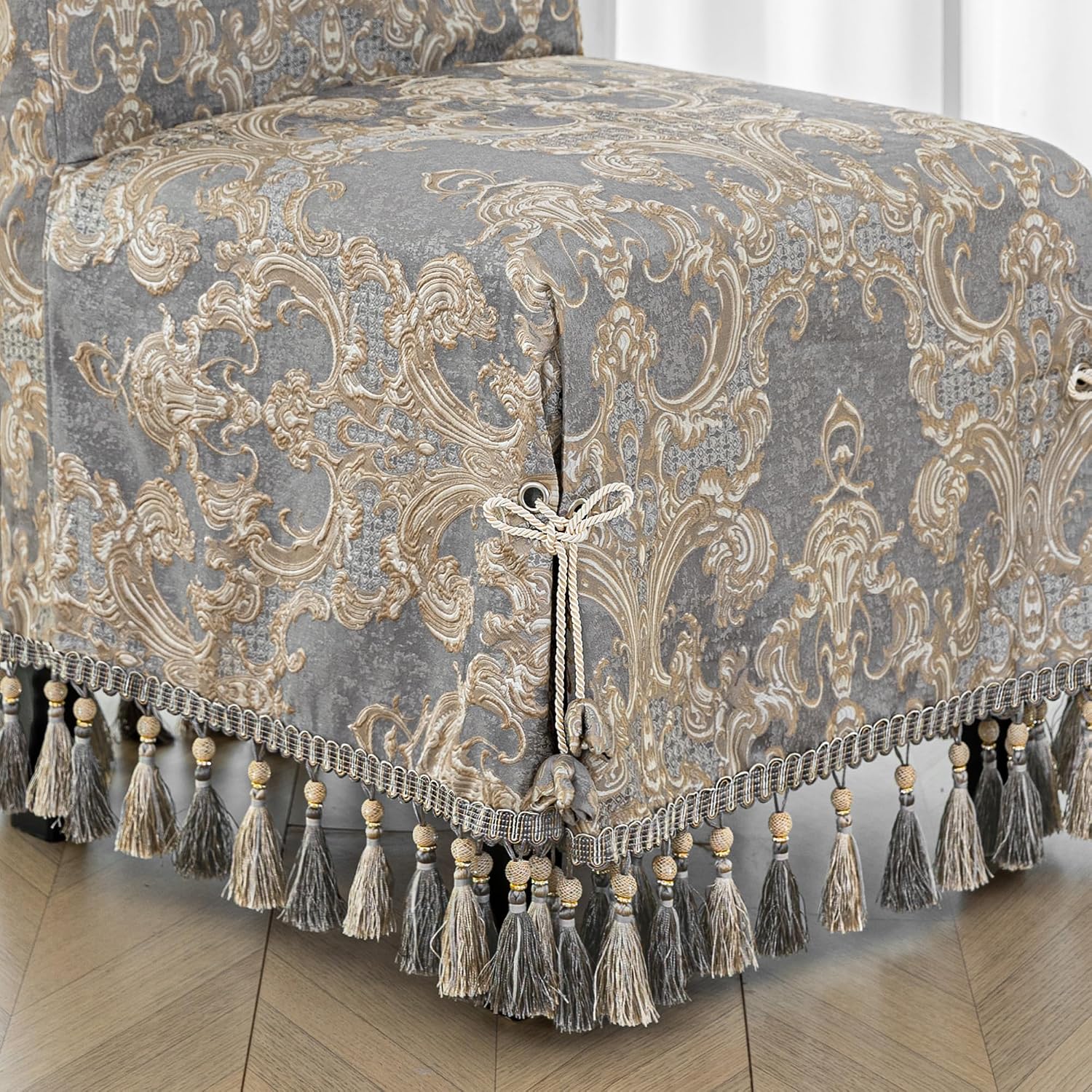 Loom and Mill Adjustable Dining Chair Cover 1 Piece, Classic Thick Damask Jacquard Removable Full Length Parsons Chair Covers with Tassels and Ties for Dining Room Party Banquet Home Decor, Grey