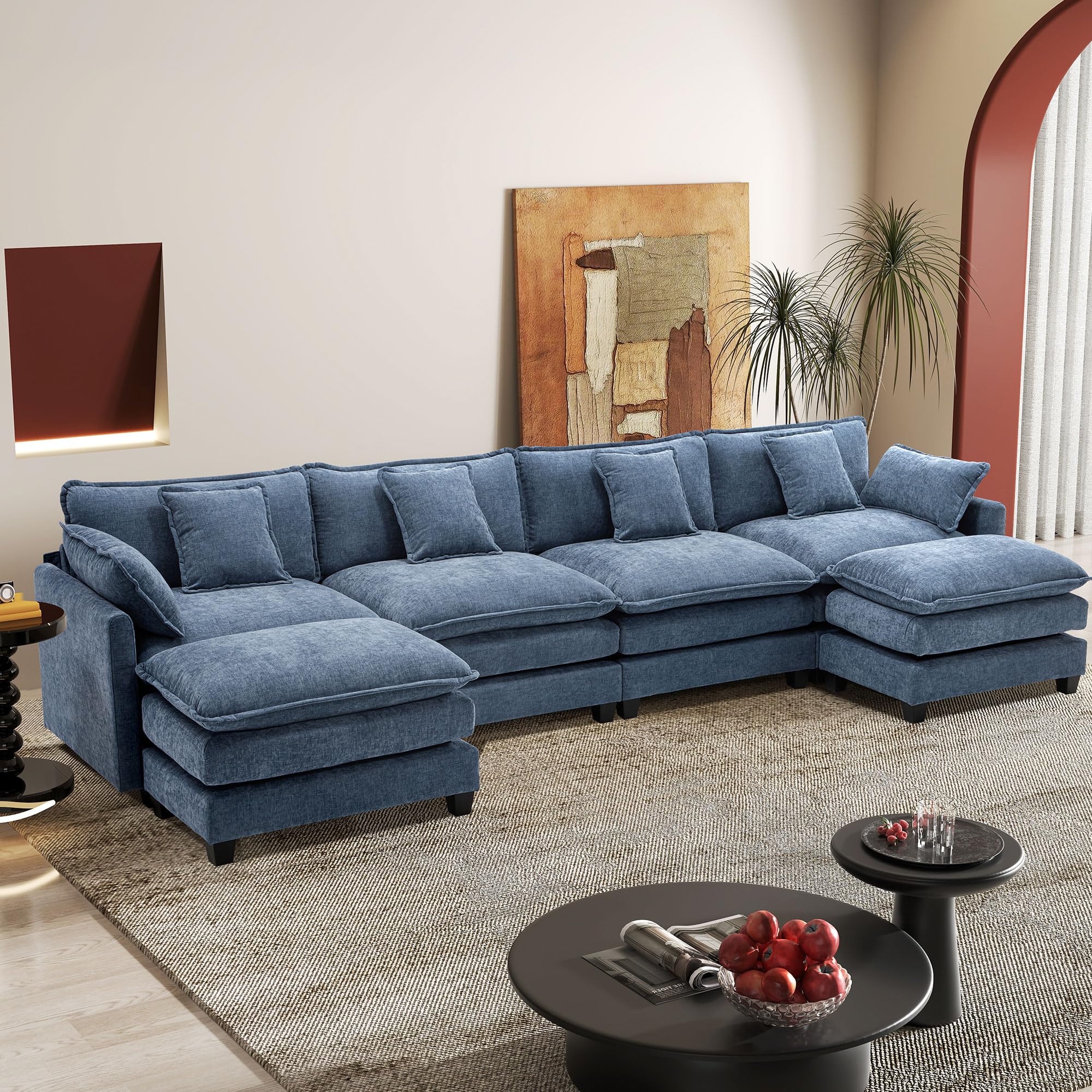 Hanherry Modular Sectional Sofa,Cloud Couch for Living Room,Modern Deep Seat Sofa Chenille Fabric Comfy Couches with Throw Pillows & Movable Ottoman for Apartment