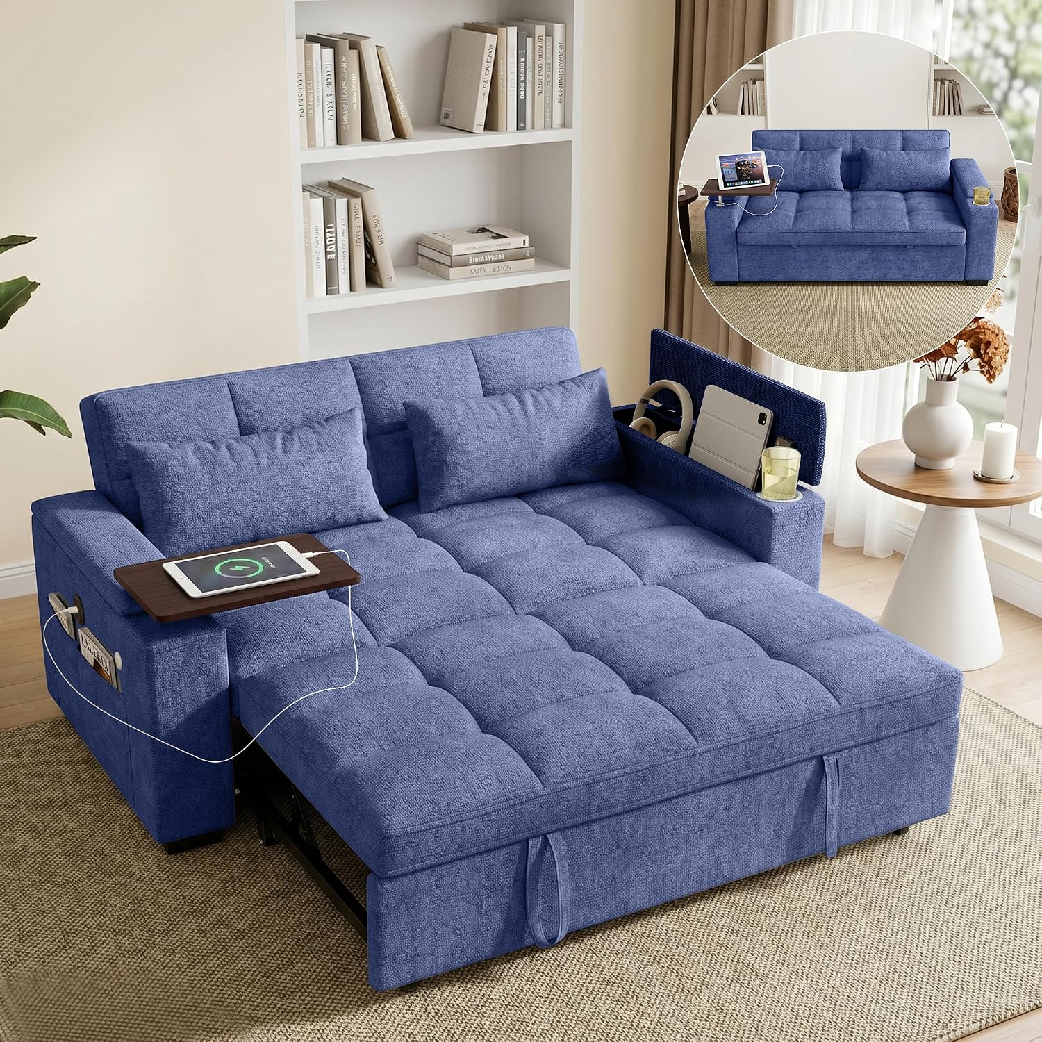 68'' Sleeper Sofa Bed, Pull Out Couch with 360° Swivel Side Table | USB Port | Adjustable Backrest | Cup Holder | Chenille Fabric Loveseat for Living Room, Apartment, Office (Beige) thumbnail