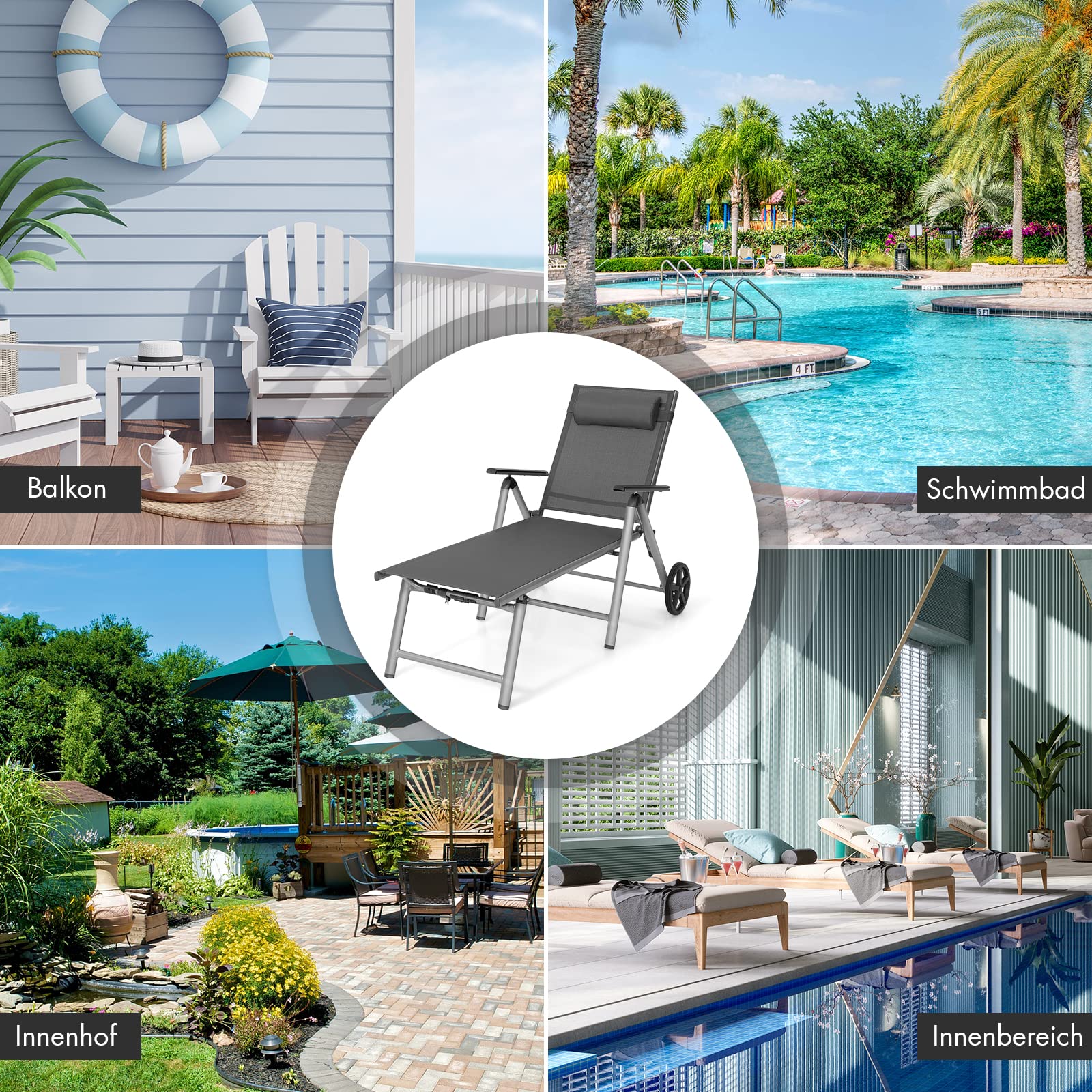 COSTWAY Sonnenliege Aluminium mit Rollen, klappbare Gartenliege mit hoher Sitzhöhe, Kopfkissen, Armlehnen & Verstellbarer Rückenlehne, Liegestuhl, Klappliege für Garten, Balkon, Terrasse