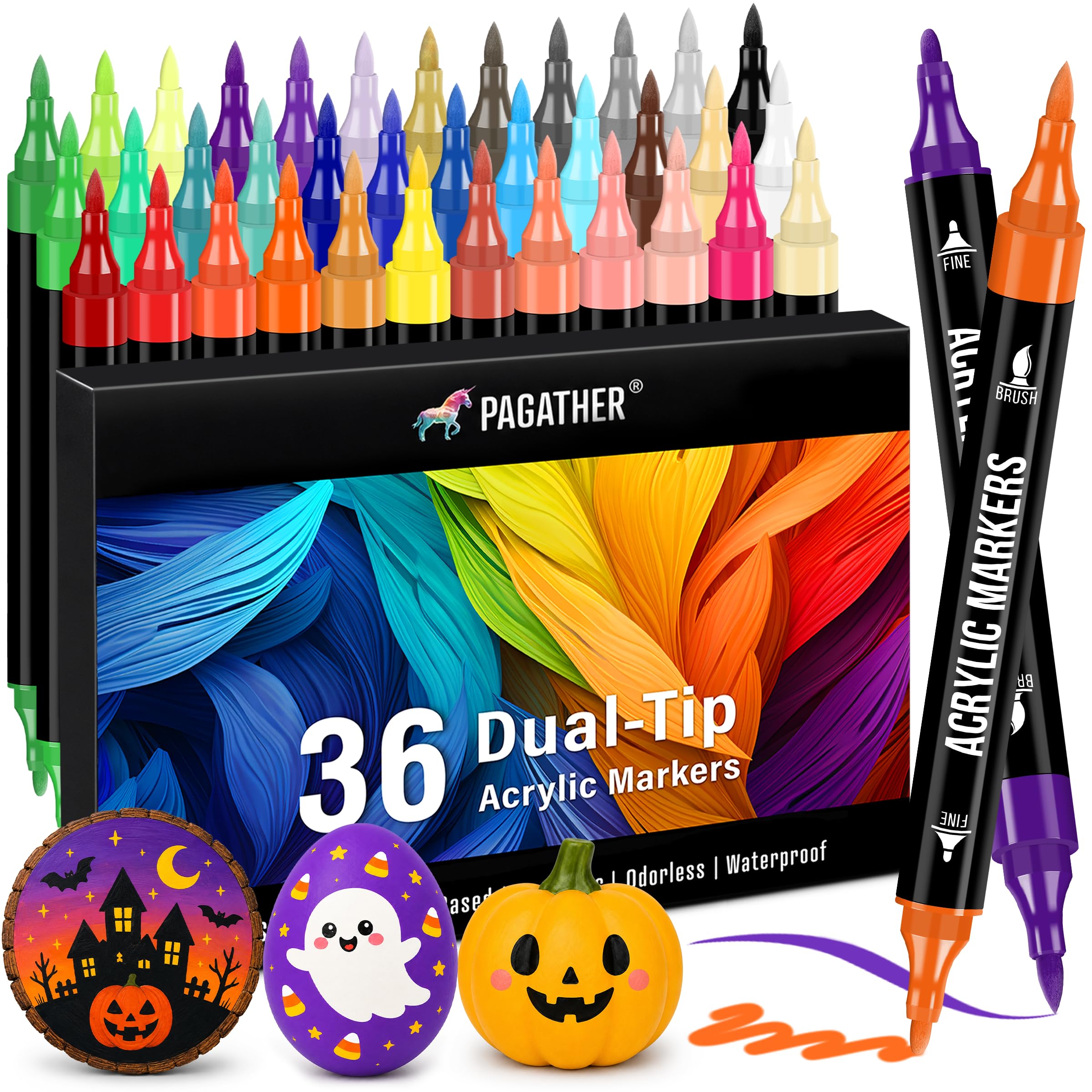 Acrylic Paint Markers, 36 Colors Dual Tip Fine & Brush Pens Set | For Rocks, Fabric, Wood…