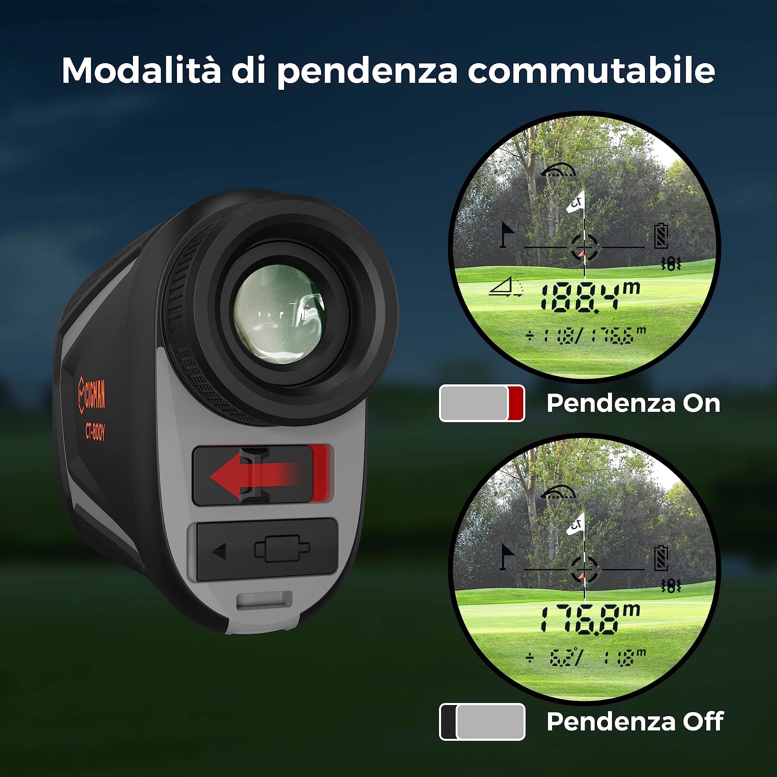 CIGMAN Telemetro Golf 800 Yards Laser Telemetro caccia con Pendenza,Ricaricabile via USB, Ingrandimento 7X, bloccaggio degli alberi bandiera, 7 modalità di misurazione della distanza, Caccia