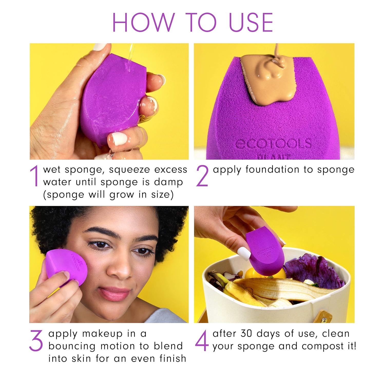 EcoTools, BioBlender by Natural Makeup Blender Beauty Sponges for Liquid and Cream Foundation, Purple, 3 Count : Everything Else