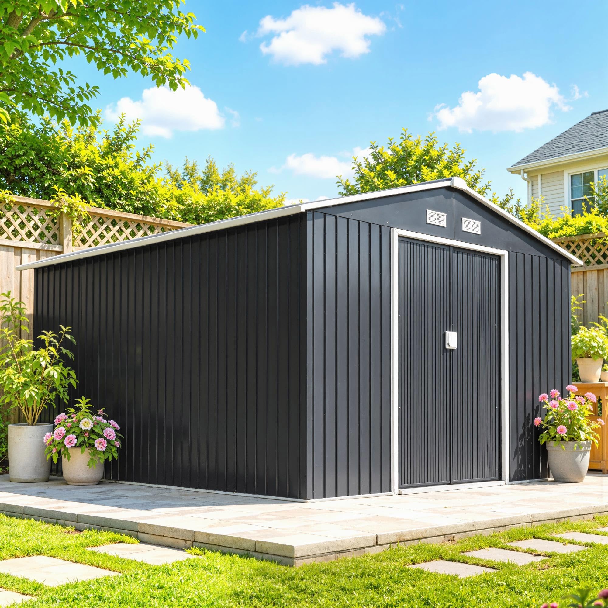 Outsunny Casetta da Giardino in Lamiera d'Acciaio 8.3 m² con 2 Porte Scorrevoli 277x322x192 cm Grigio Scuro