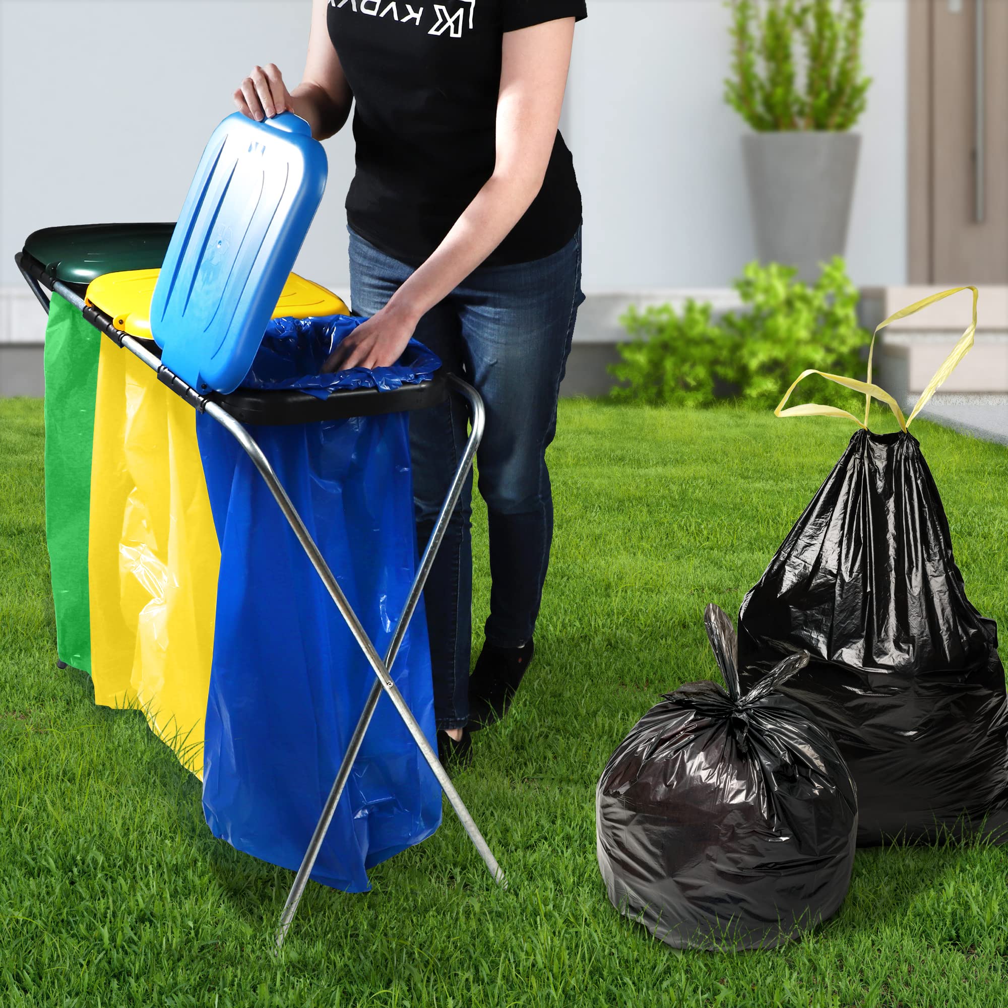 KADAX Porte-sacs poubelles triple, support pour sacs poubelles, support pour tri des déchets avec couvercle en plastique, support pour sacs poubelles pour sacs de 120 L (Vert-Jaune-Bleu)