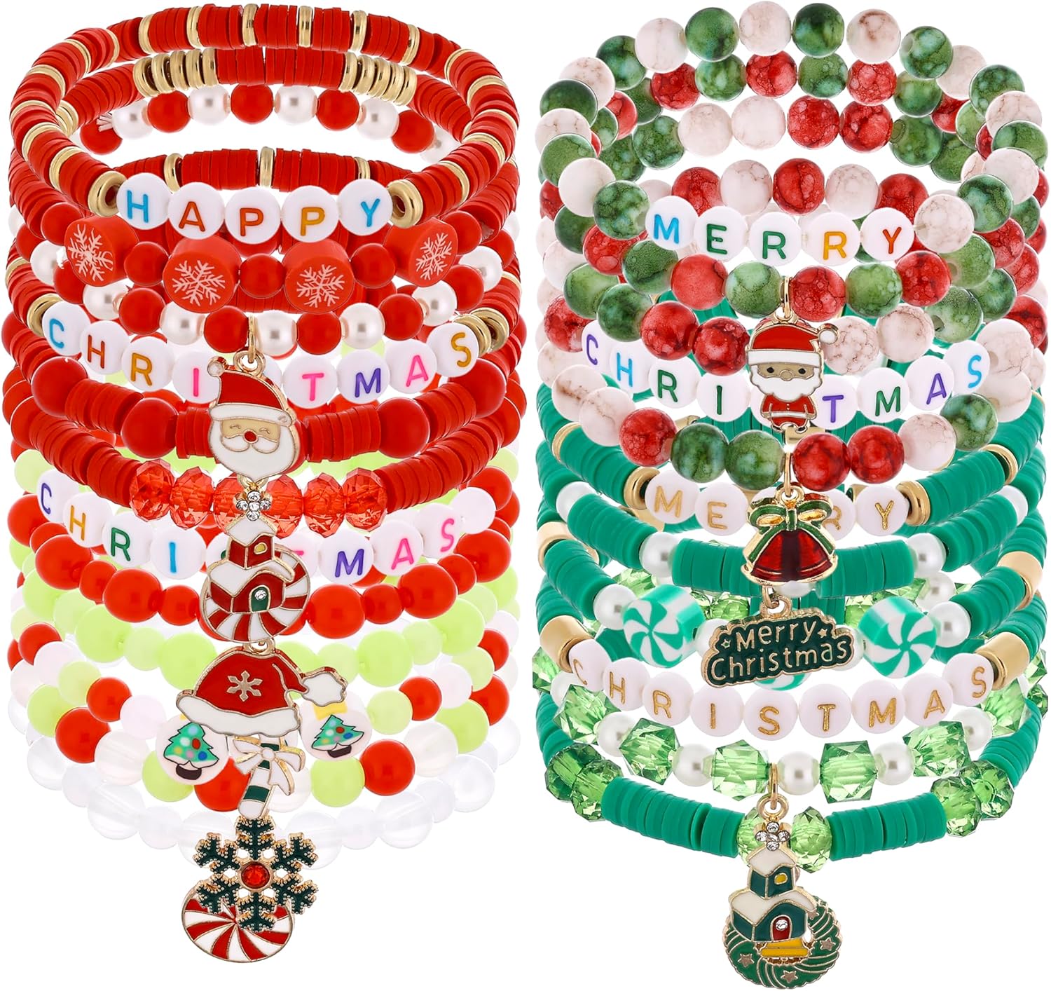 Taouzi Christmas Bracelets for Women Bulk Christmas Jewelry Set Handmade Clay Beads Stretch Surfer Heishi Bracelets Xmas Friendship Jewelry Xmas Gifts for Women