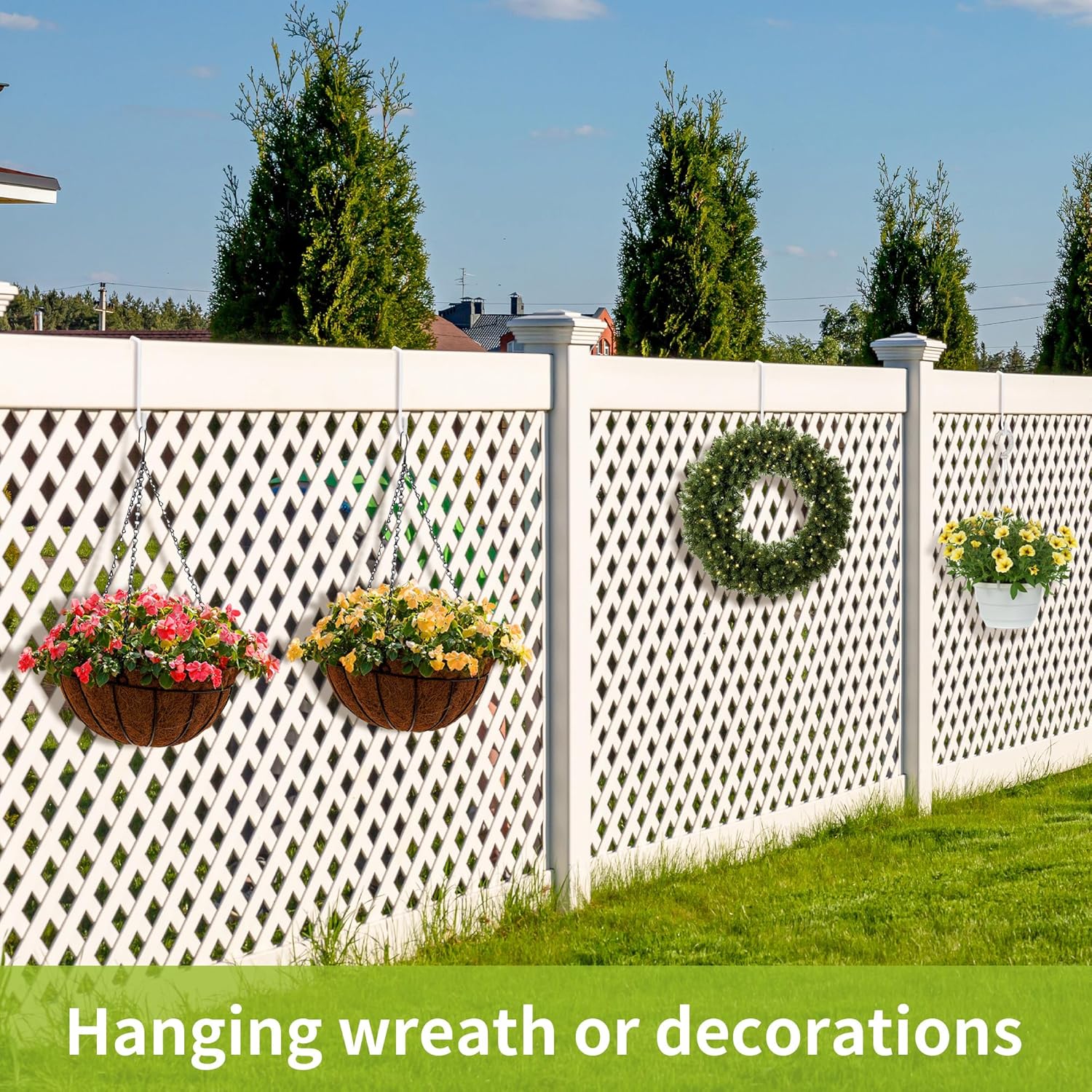 24PCS Vinyl Fence Hooks, 2 x 6 Inches White Powder Coated Fence Hangers Metal Patio Hooks for Hanging Plants & Planters, Lights, Pool Equipment, Bird Feeder