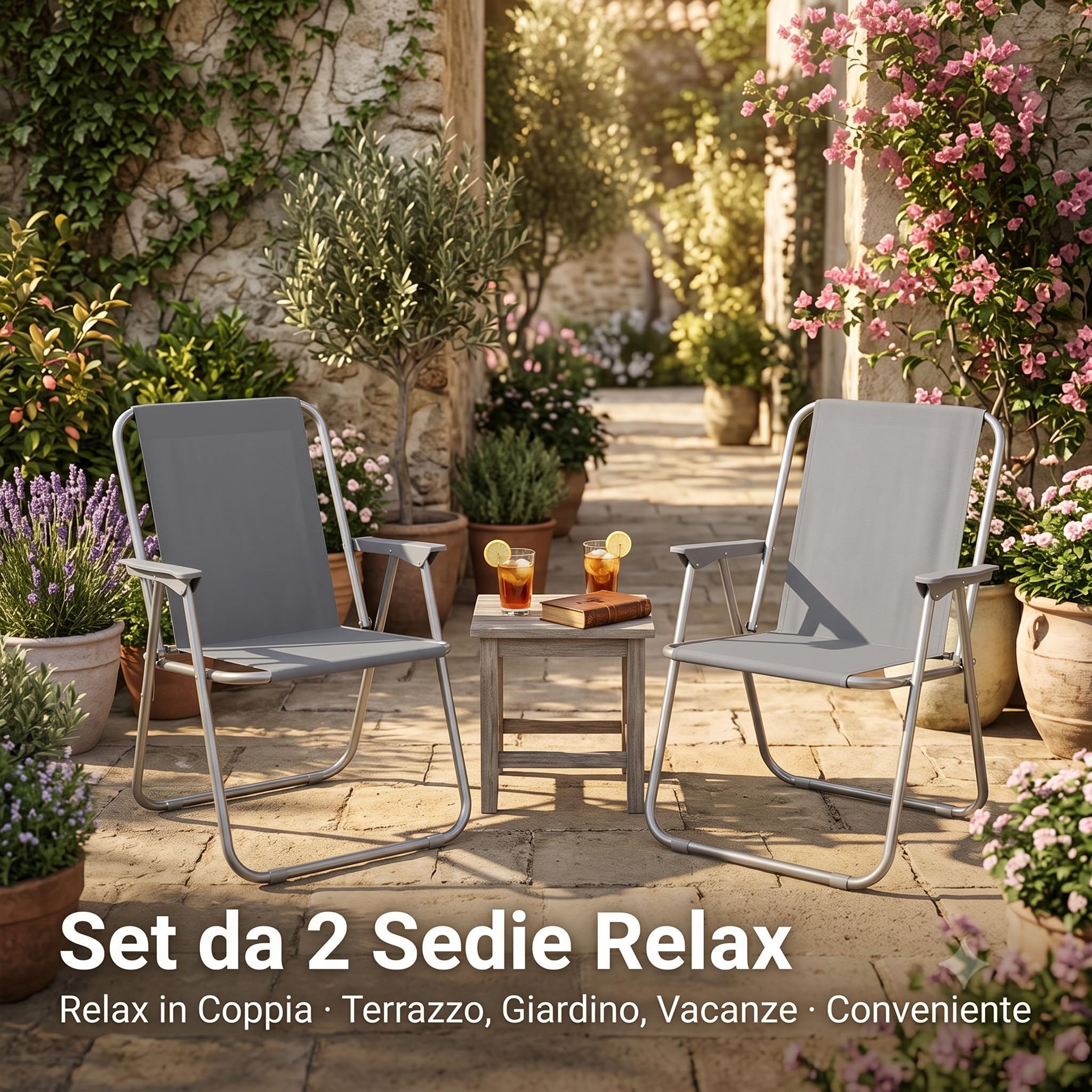 Lemag Set 2 Sedie Relax Grigio con Telaio in Acciaio e Tessuto in Poliestere – Sedie da Giardino Esterno Terrazzo e Campeggio – Comode e Robuste – Sedute per Relax Interno ed Esterno
