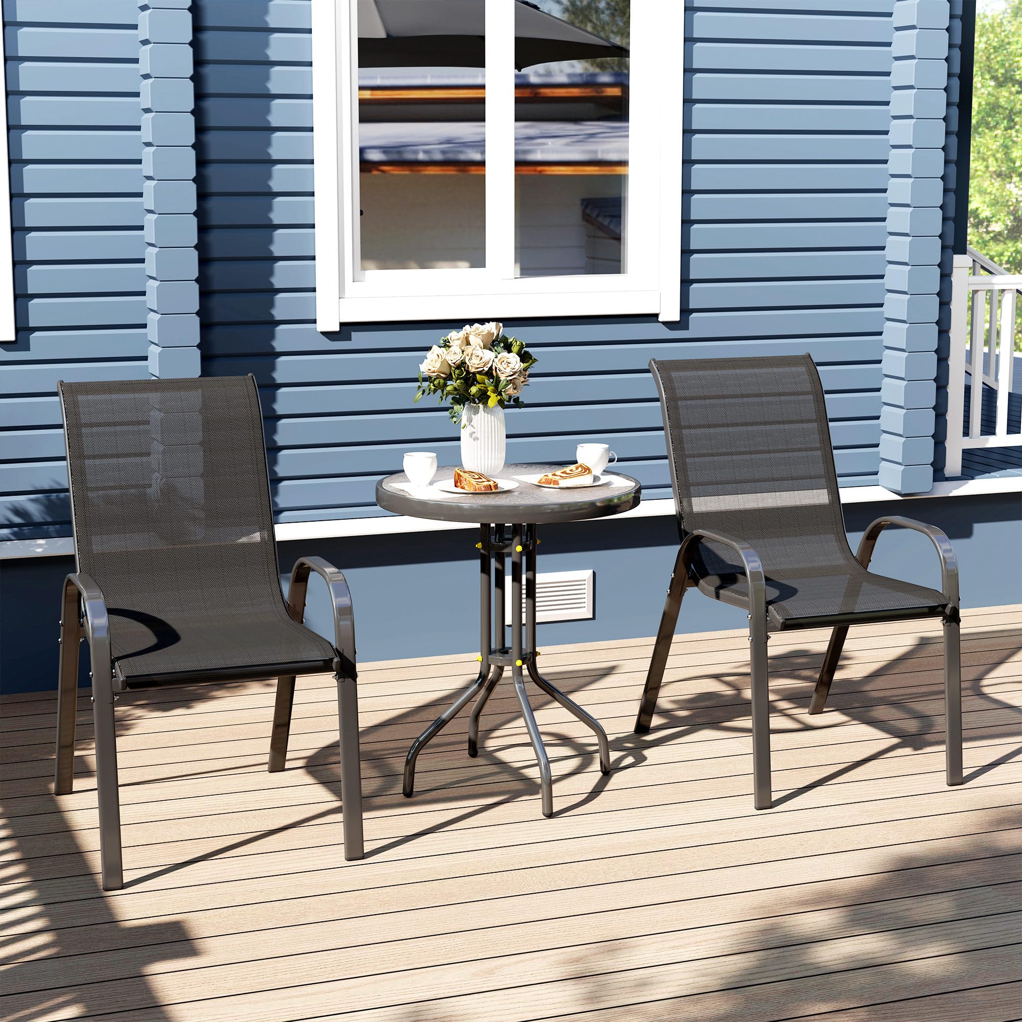 Outsunny Conjunto de Mesa y Sillas de Terraza Exterior de 3 Piezas, Muebles de Jardín Exterior con Sillas Apilables, Encimera de Vidrio y Estructura de Acero, para Patio, Negro