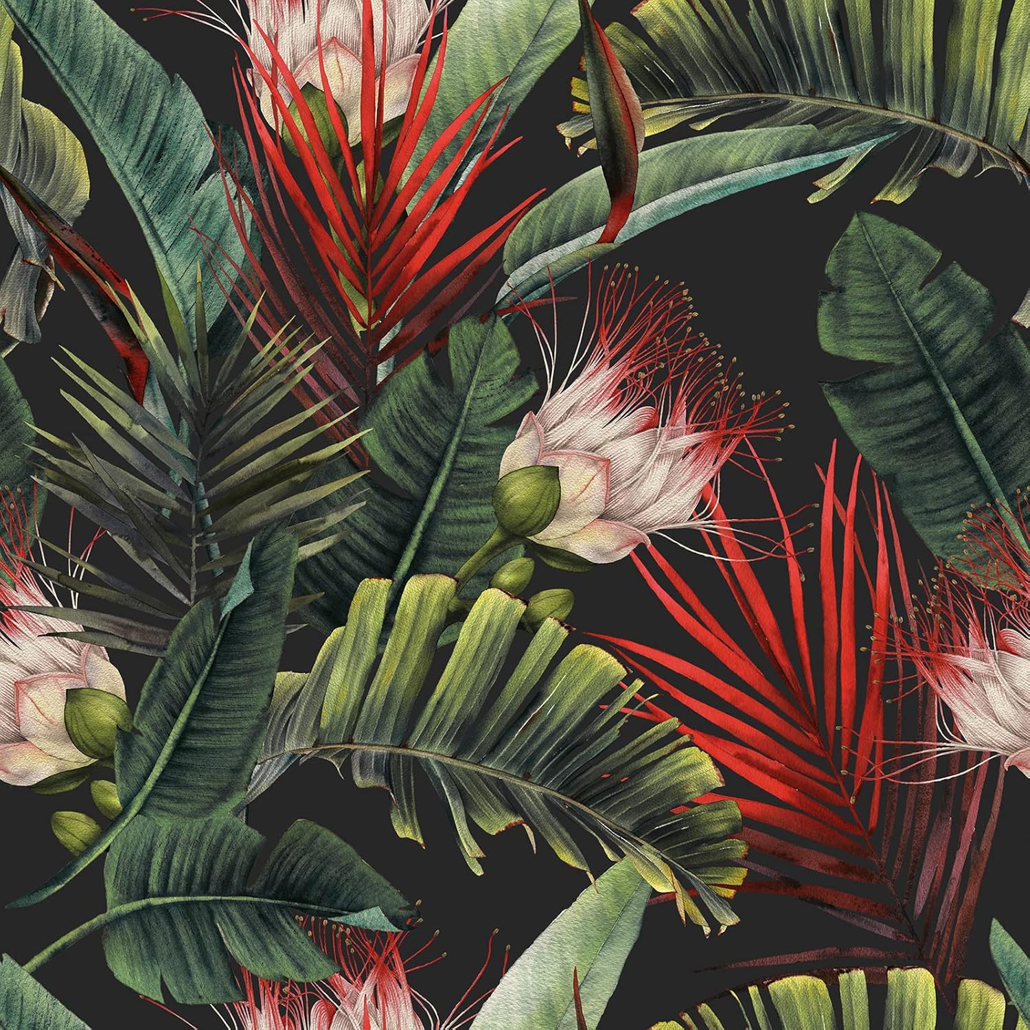 CRE8TIVE Large Size 24"x354" Peel and Stick Wallpaper - Removable Dark Floral Tropical Jungle Botanical Palm Wallpaper - Self Adhesive Decorative Vinyl Contact Paper for Bathroom Cabinets 24"x354" Black, Green, White, Red