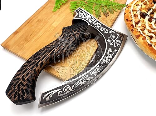 SHINY CRAFTS Hacha cortadora de pizza vikinga, hoja de acero al carbono con grabado y funda negra, auténtico regalo medieval para él, hacha