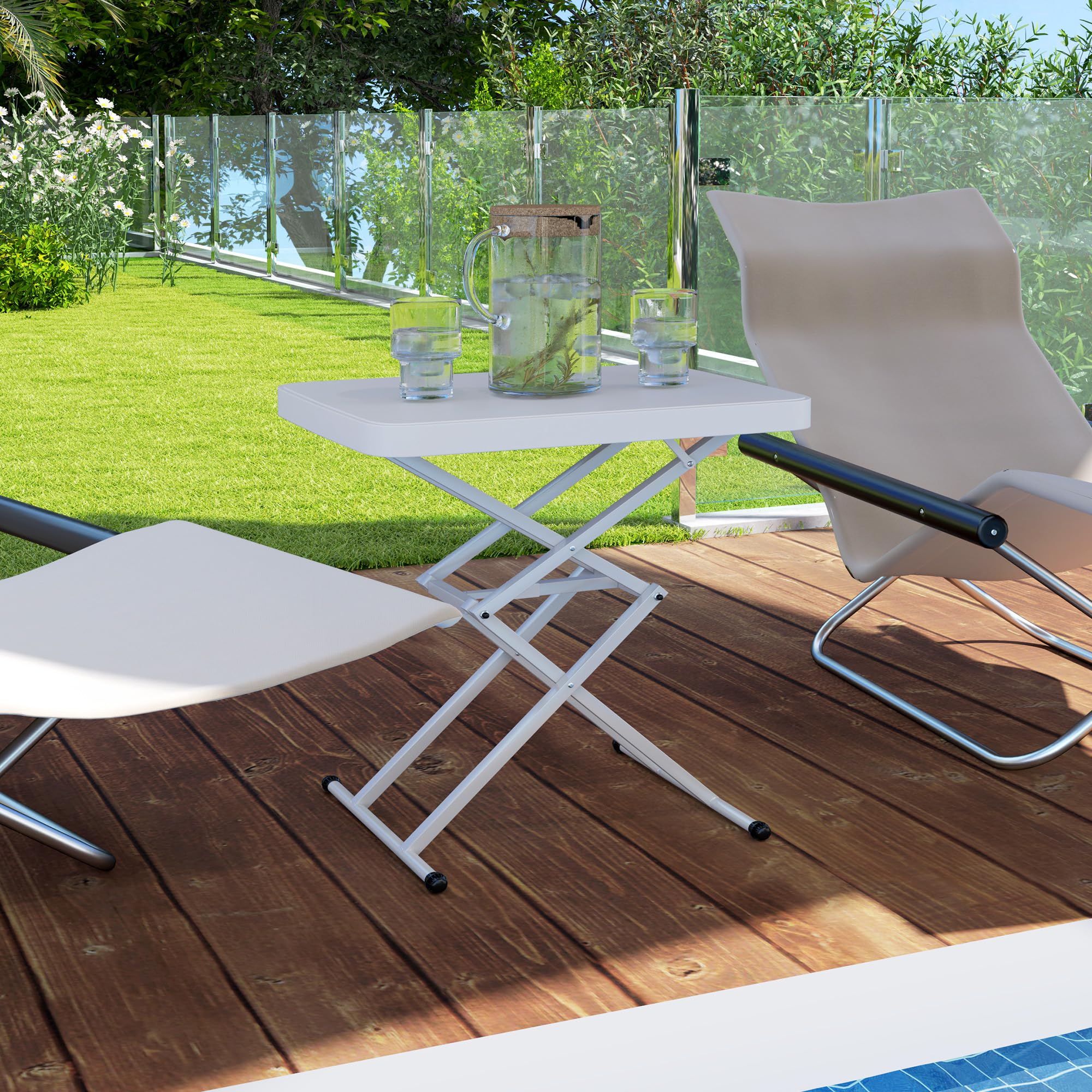 Outsunny Table d'appoint de Jardin Pliable en HDPE, Table Pliante extérieur avec Hauteur réglable sur 5 Niveaux, pour patios et Jardins, 65 x 45 x 70 cm, Blanc