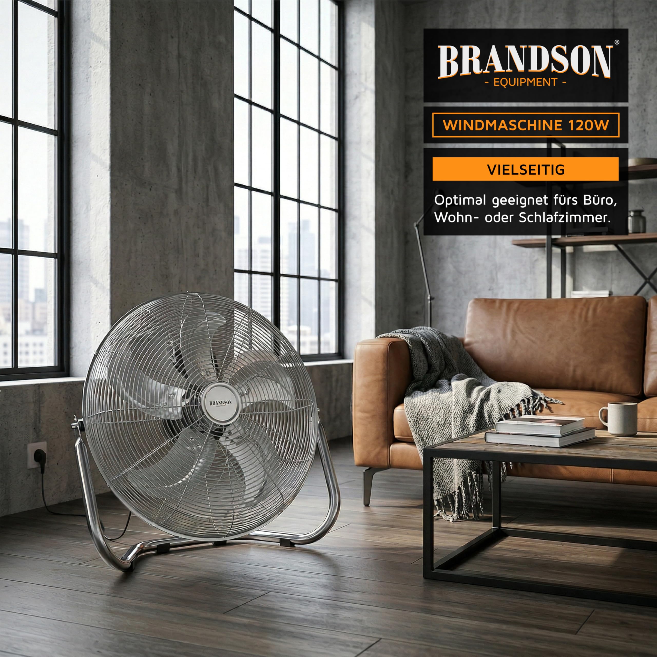 Brandson - Windmachine Retro Stijl 120 Watt - Chromen Ventilator   Vloerventilator 50cm   Hoge Luchtstroom   Traploze Kantelbare Ventilatorkop   Koper