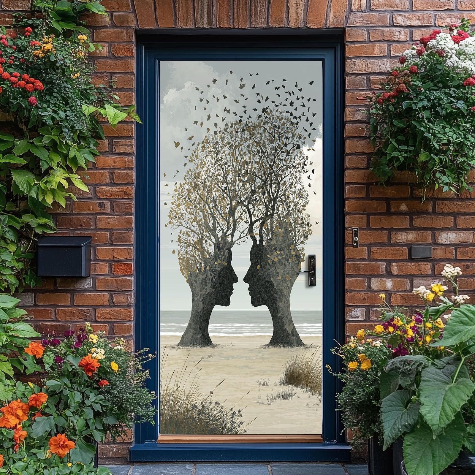 Papel pintado autoadhesivo para puerta abstracto árbol 3D póster para puerta adhesivo para puerta, silueta de gente playa impermeable vinilo lámina para puerta, gris extraíble, póster fotográfico