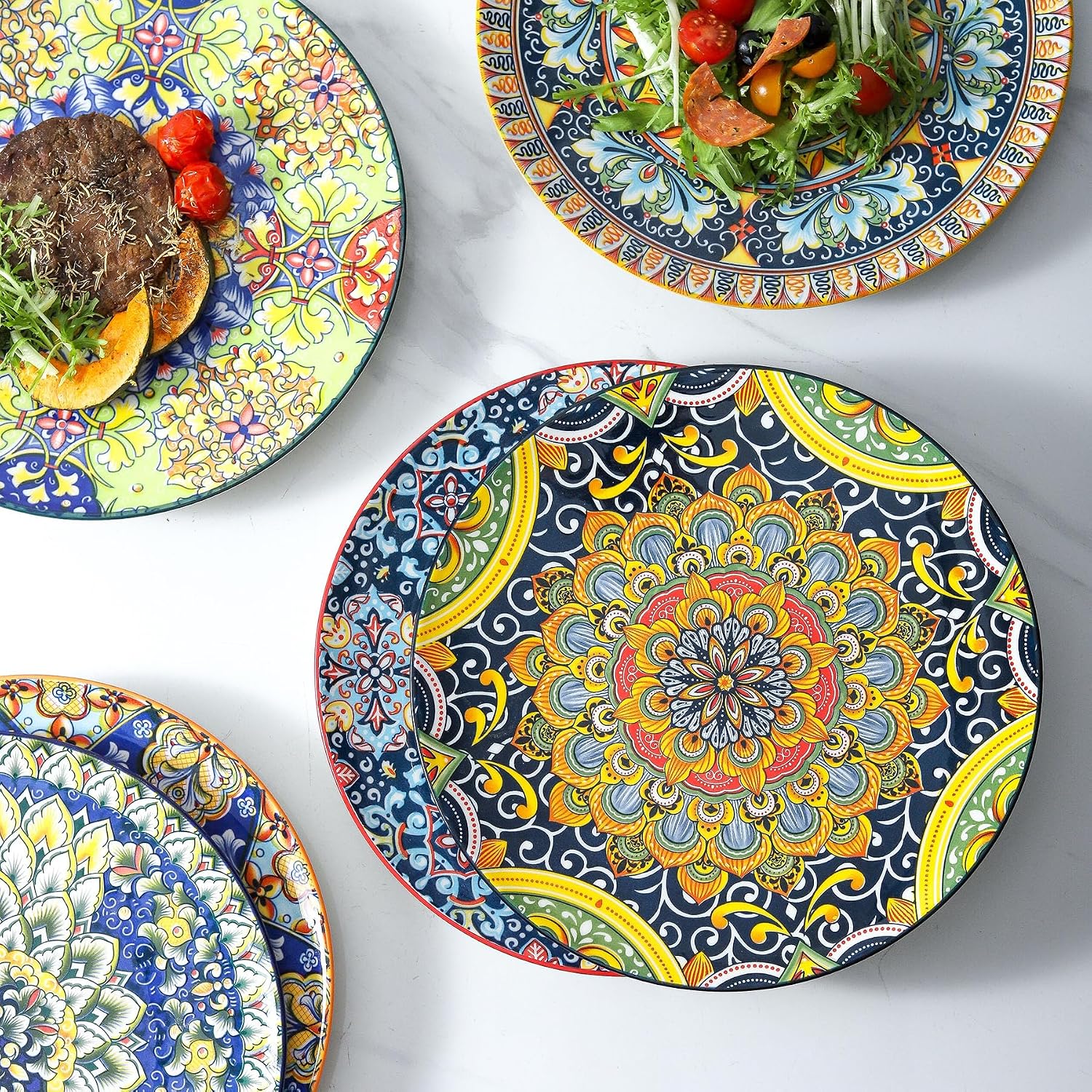 Dessert Plates Set of 6, 10.5 Inch Ceramic Salad Plates Colorful Serving Dishes, Bohemian Style Dishes for Dining, Microwave & Dishwasher Safe Plate Set
