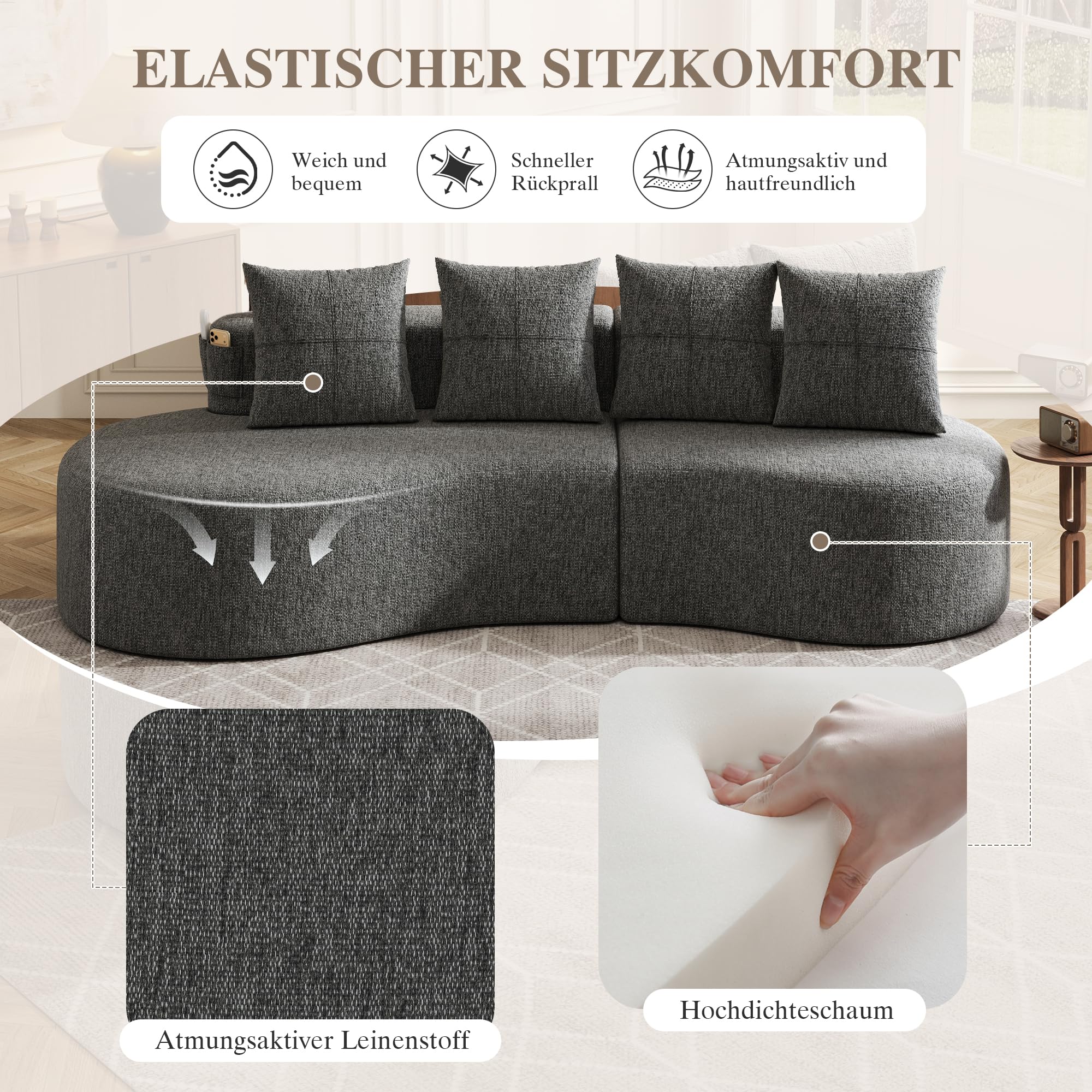 Sofá Cloud de Bladez, sofá curvo con tela de lino, sofá modular con 4 cojines, portavasos y bolsillo lateral, sofá sin patas con relleno de espuma de alta densidad y piezas de resorte, para salón