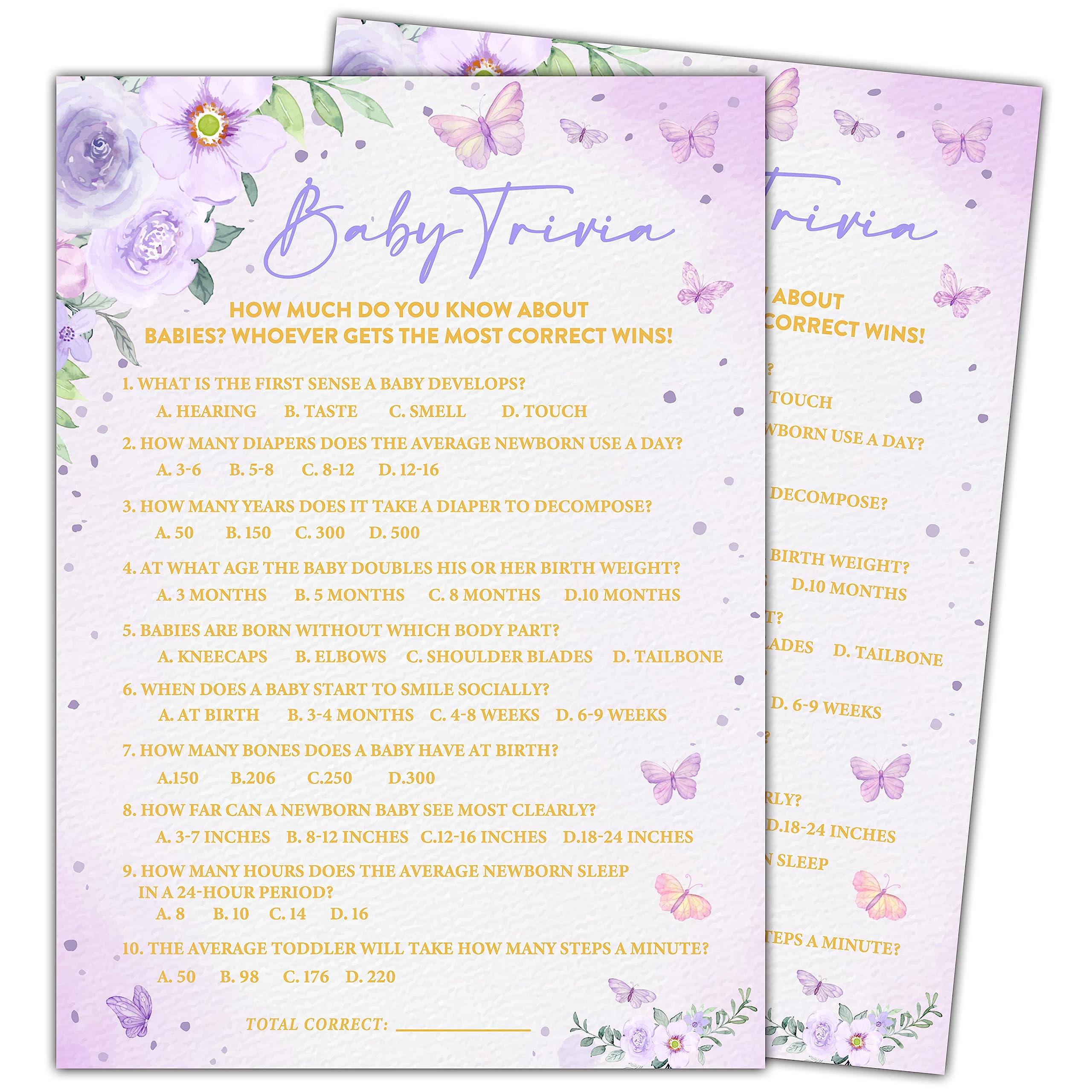 YSTEP Butterfly Kisses 30 Baby Trivia Game Cards with 1 Answer Card, Gender Reveal Party Supplies Favors (5"x7") - B08