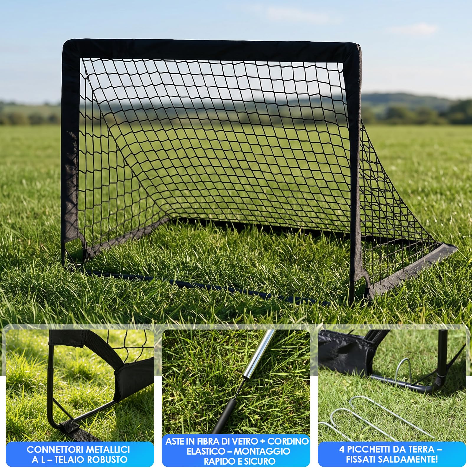 Porta da calcio per bambini, set da 2 porte Pop-up 90×120×90 cm, porte da calcio per giardino con aste rinforzate in fibra di vetro e reti di alta qualità per interno, esterno e giardino
