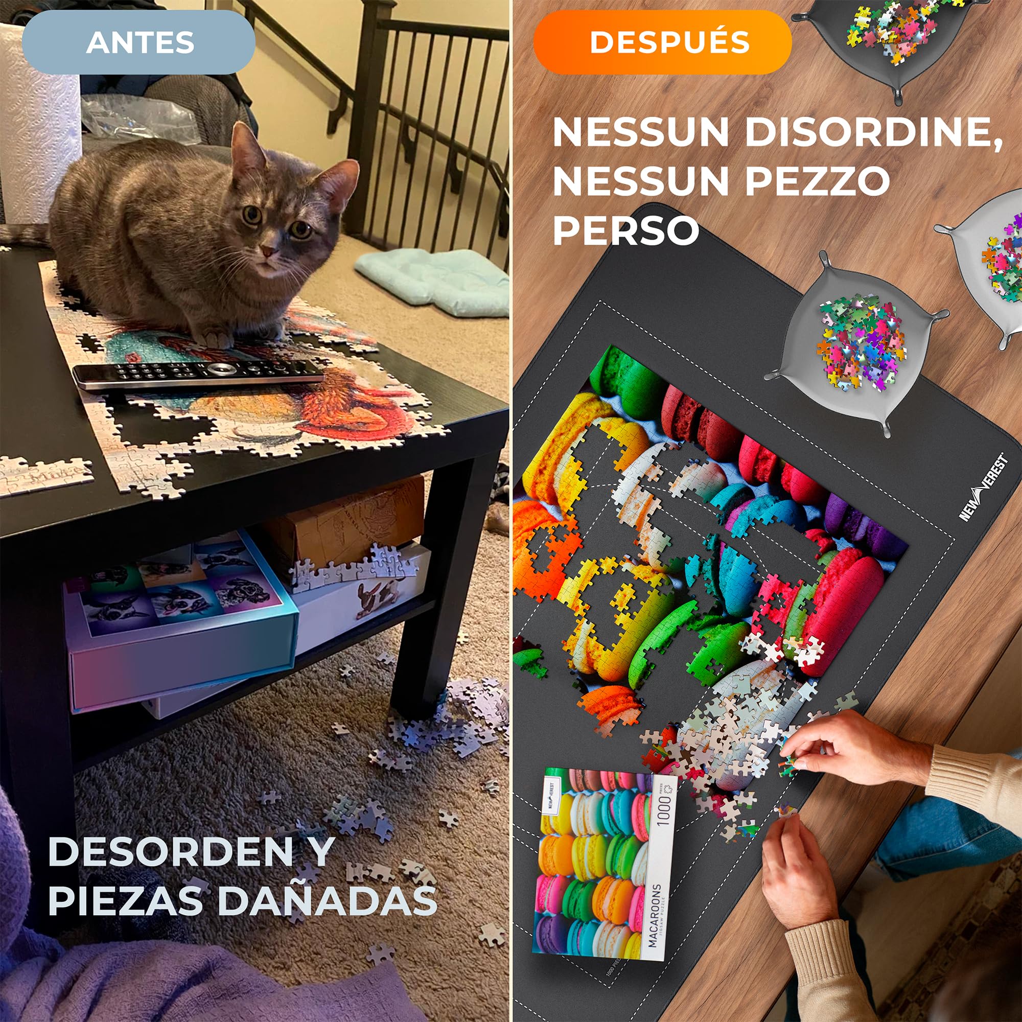 Newverest Tapete para Puzzles Enrollable Original 117 x 66 cm, Guardapuzzles Portátil hasta 1500 Piezas con Base De Goma Antideslizante, Superficie Suave, 3 Bandejas para Puzzles Y Bolsa De Viaje