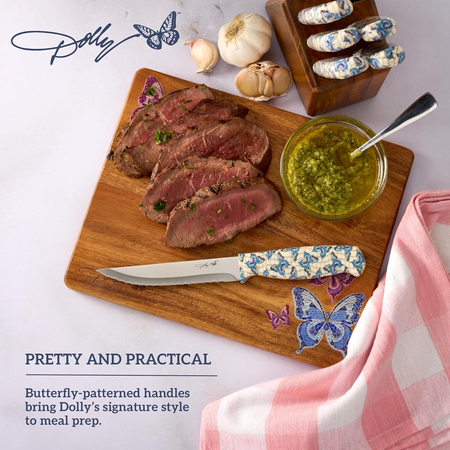 Dolly Parton 7-Piece Steak Knife Set with Blue Handles and Acacia Block for Storage