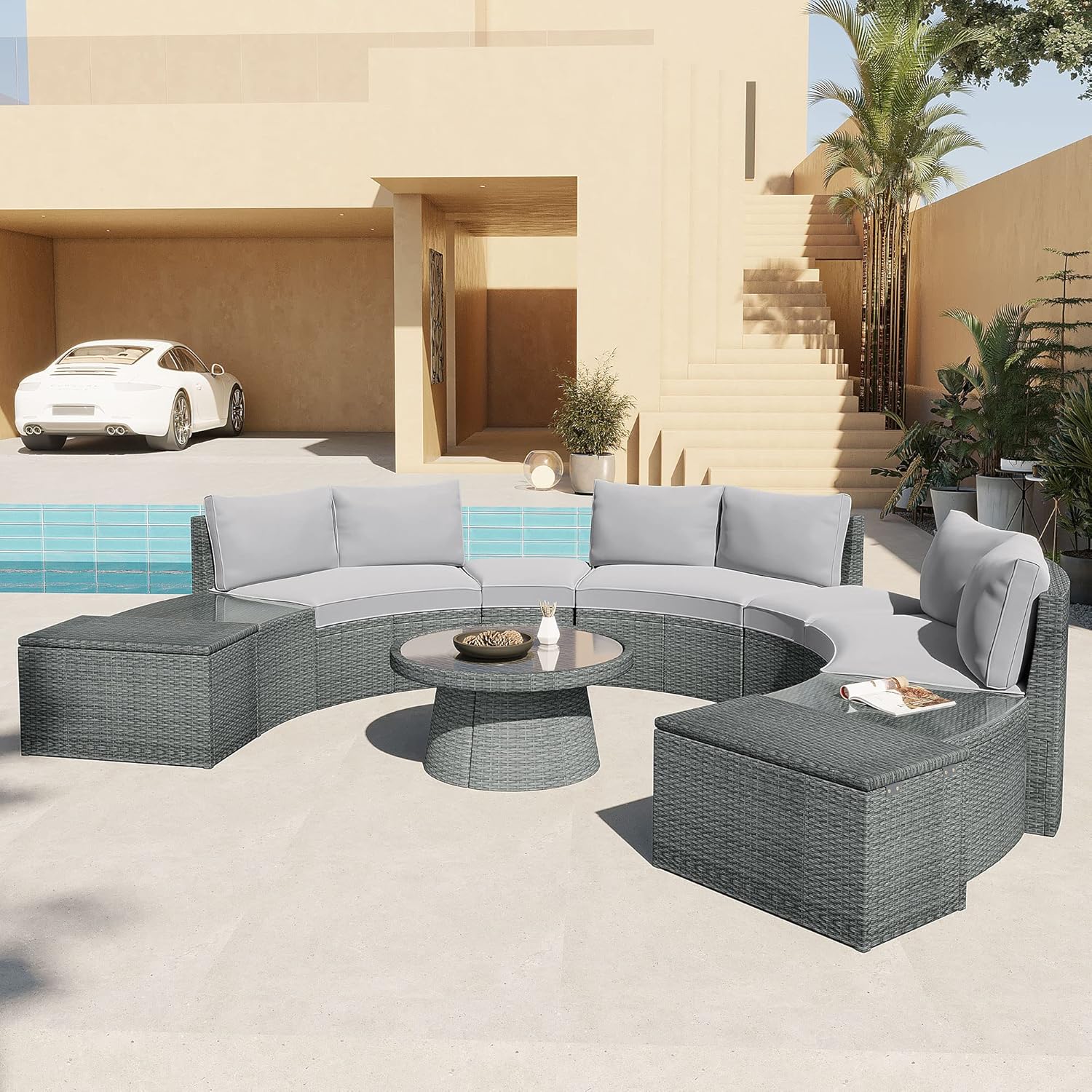 SIYSNKSI 10Piece Outdoor Sectional Half Round Patio Rattan