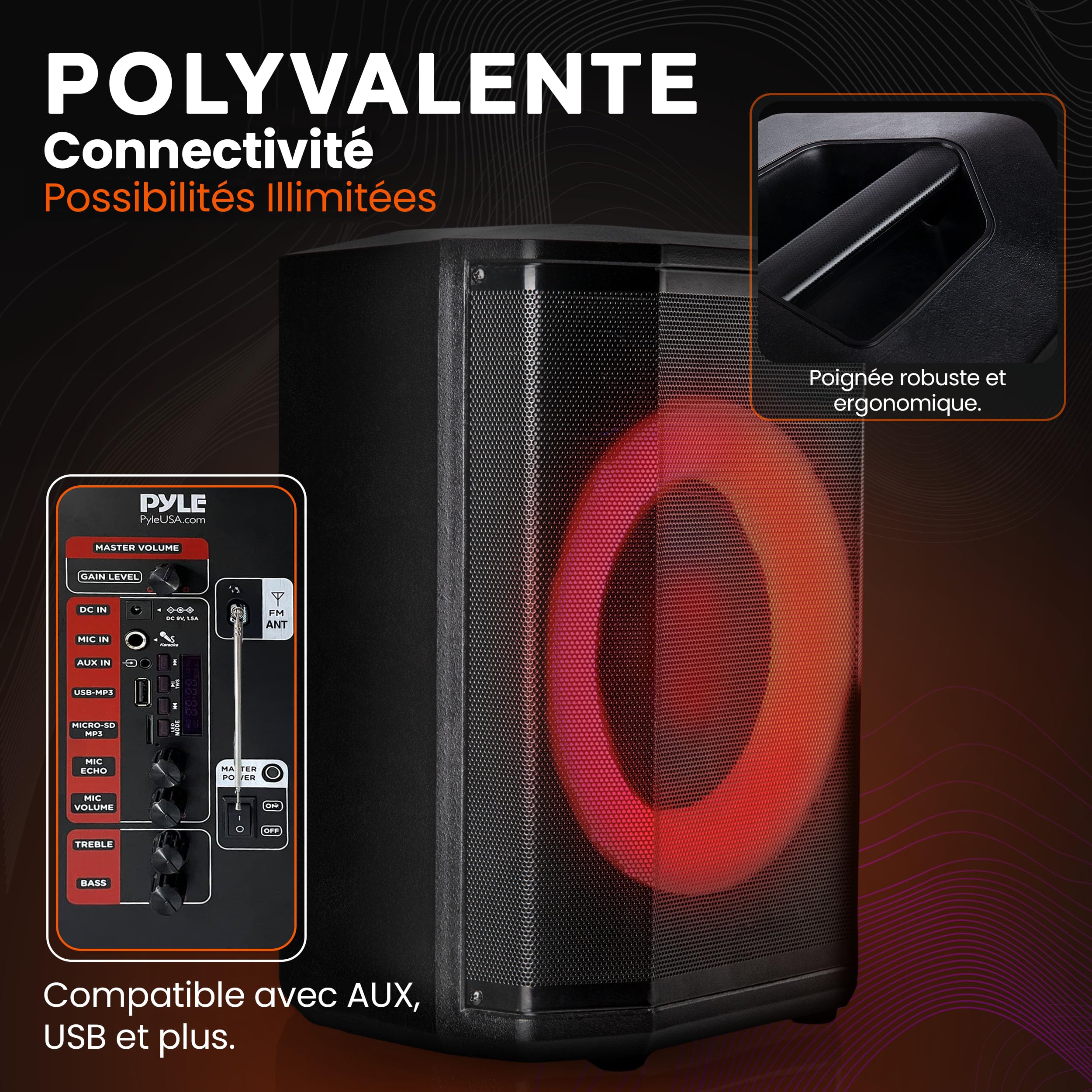 Pyle Enceinte Bluetooth Portable de Fête 120W – Enceinte Karaoké avec Woofer 8", Son Hi-Fi, Fonction TWS, Entrée Micro, USB/Micro SD/FM, Lumières LED, Batterie Rechargeable Longue Durée & Support Pied