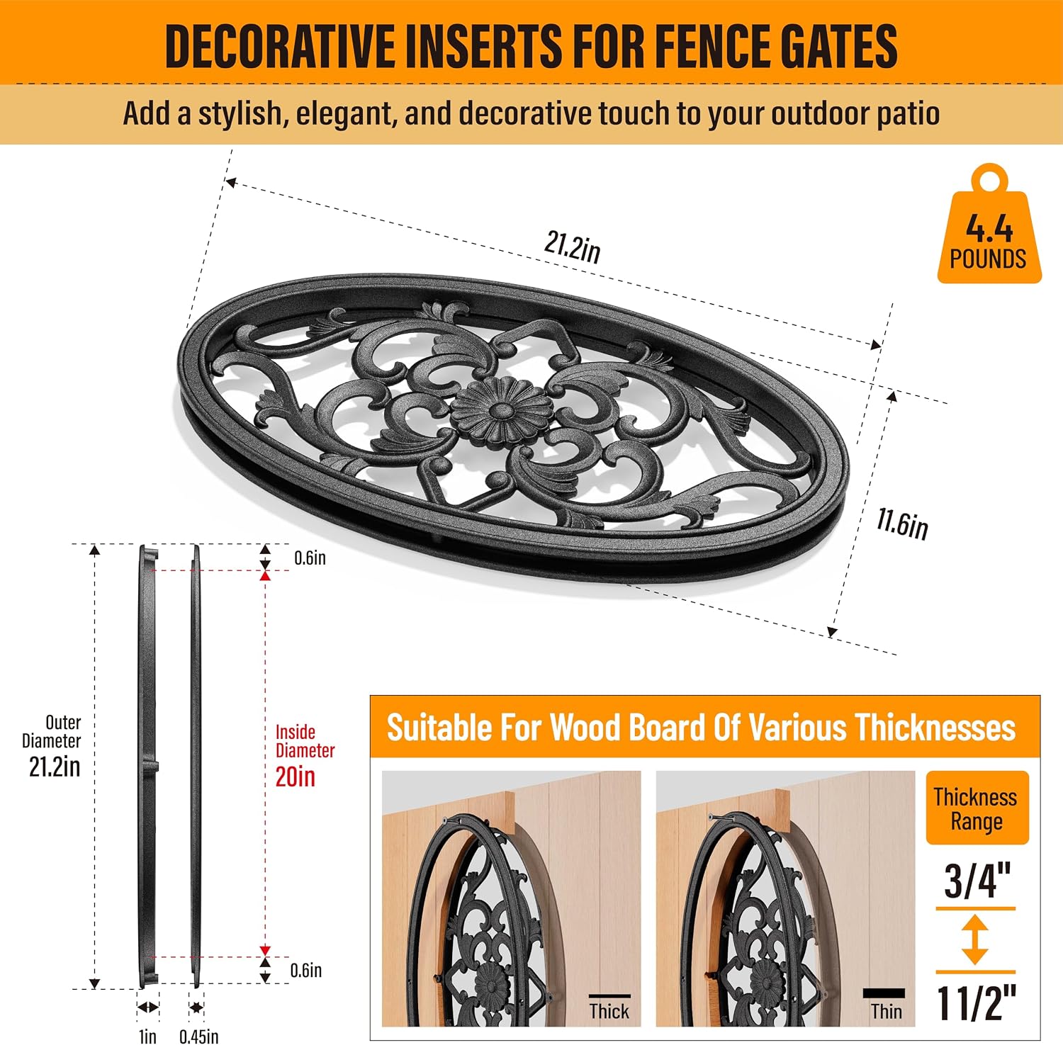 Fence Gates Decorative, Aluminum Alloy Decorative for Wooden Fence, Shed, Barn & Outdoor Patio Decor, Oval, 21.2"×11.6" image 3