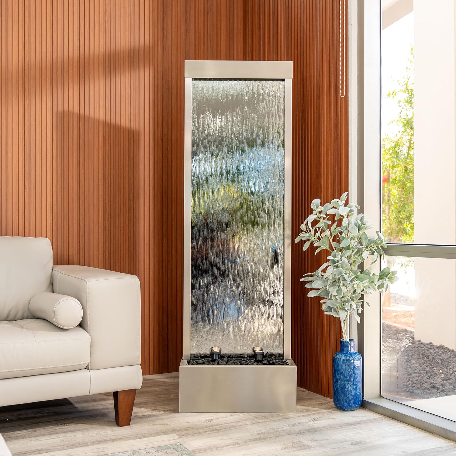 XBrand 68 in. H Freestanding Modern Indoor/Outdoor Waterfall Fountain with Decorative Rocks, LED Lights and Auto Shut-Off Pump, Stainless Steel and Clear Glass, Silver