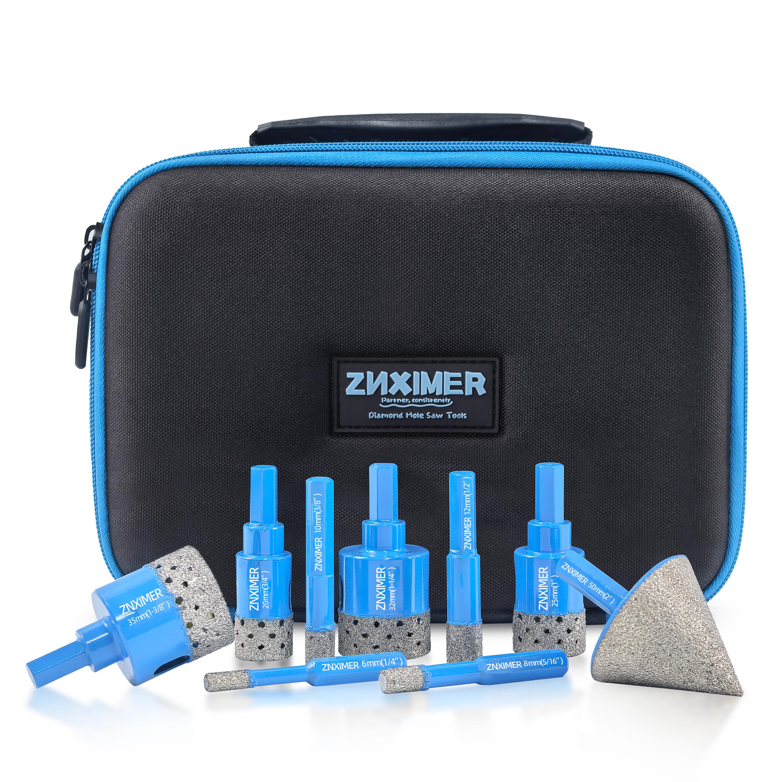 Diamond Tile Hole Saw Kit - ZNXIMER Porcelain Tile Drill Bits Set for Ceramic, Granite, Marble and More Drilling - 9pcs Diamond Core Drill Bits Set(6/