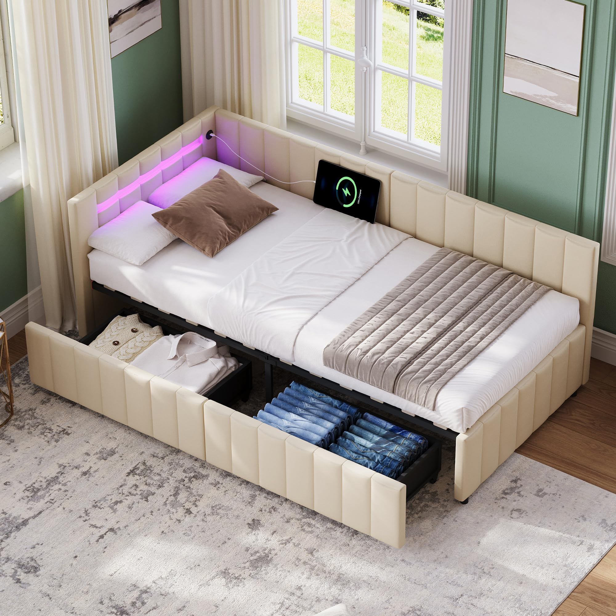 Besbed Single Bed Frame with 2 Drawers, 3ft Upholstered Day Bed with LED Headbord and Charging-Station, Velvet Sofa Bed for Living Room/Bedroom/Study Room, Cream,90x190 cm (No Mattress)