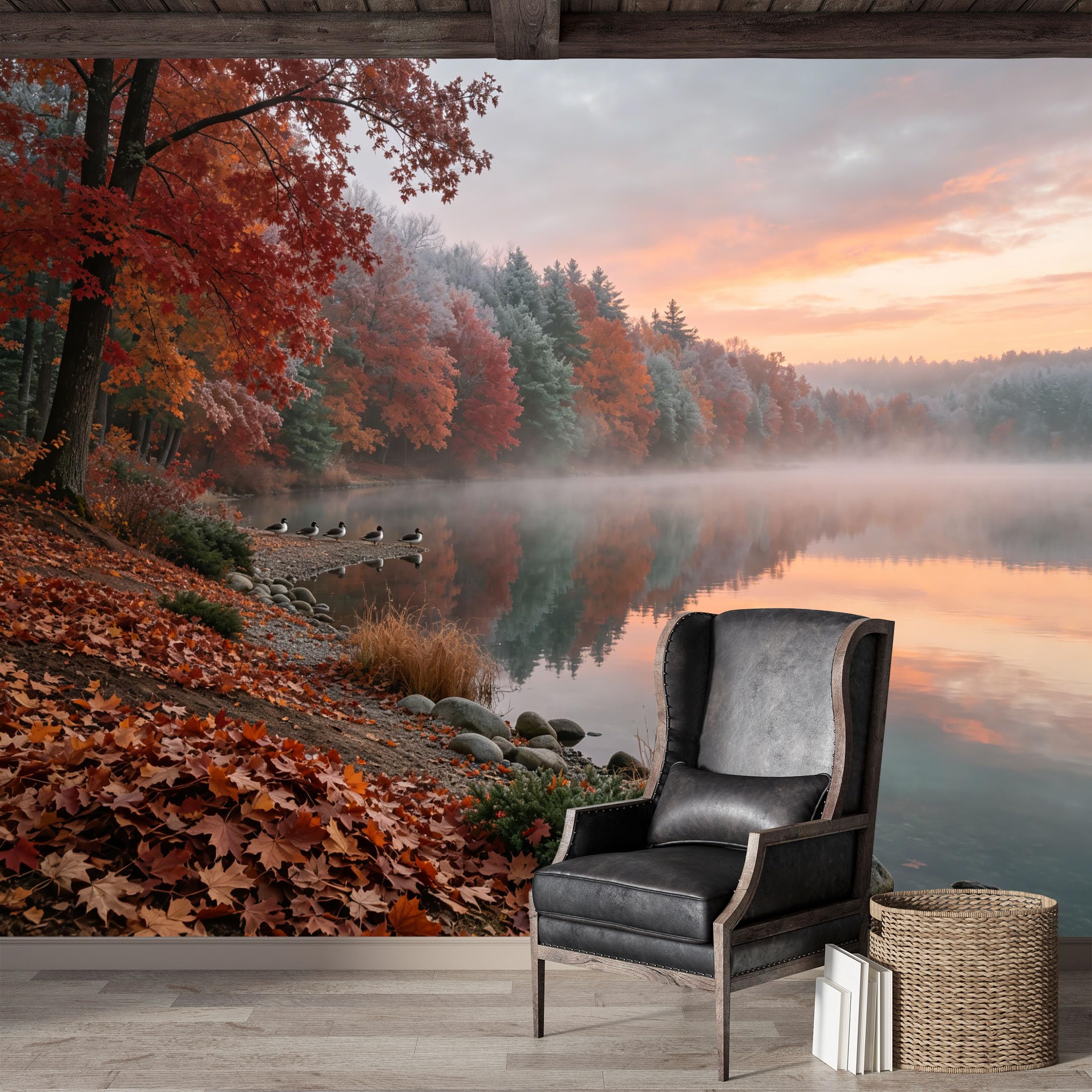 Custom Size Wall Mural,Autumn Forest Lake Sunrise Landscape Panoramic Premium Water Activated SelfAdhesive Wallpaper,Removable Wall Covering,Easy DIY Install Wall Art for Indoor Home Decor