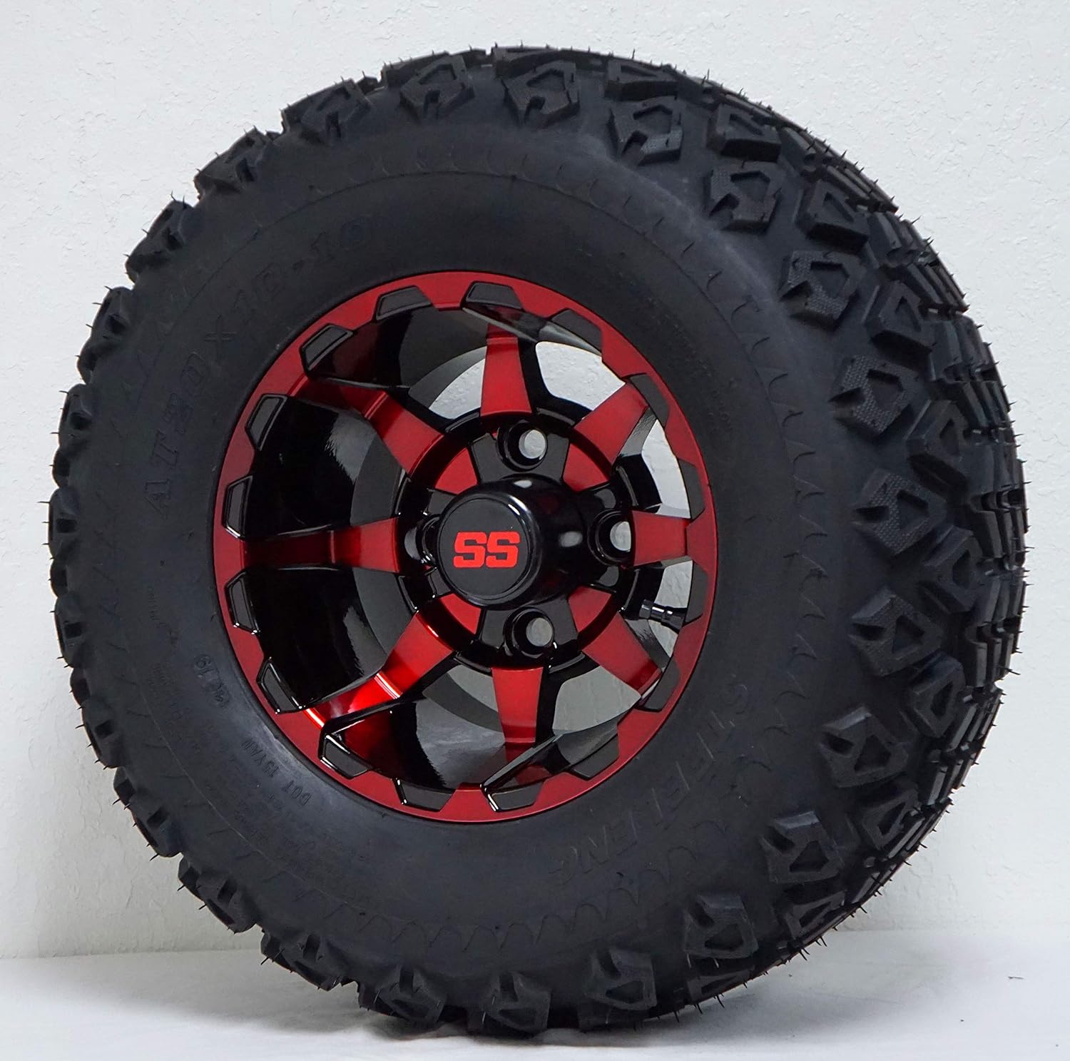 10" VORTEX Gloss Black/Red Golf Cart Wheels and 20x10-10 DOT All Terrain Golf Cart Tires Combo - Set of 4