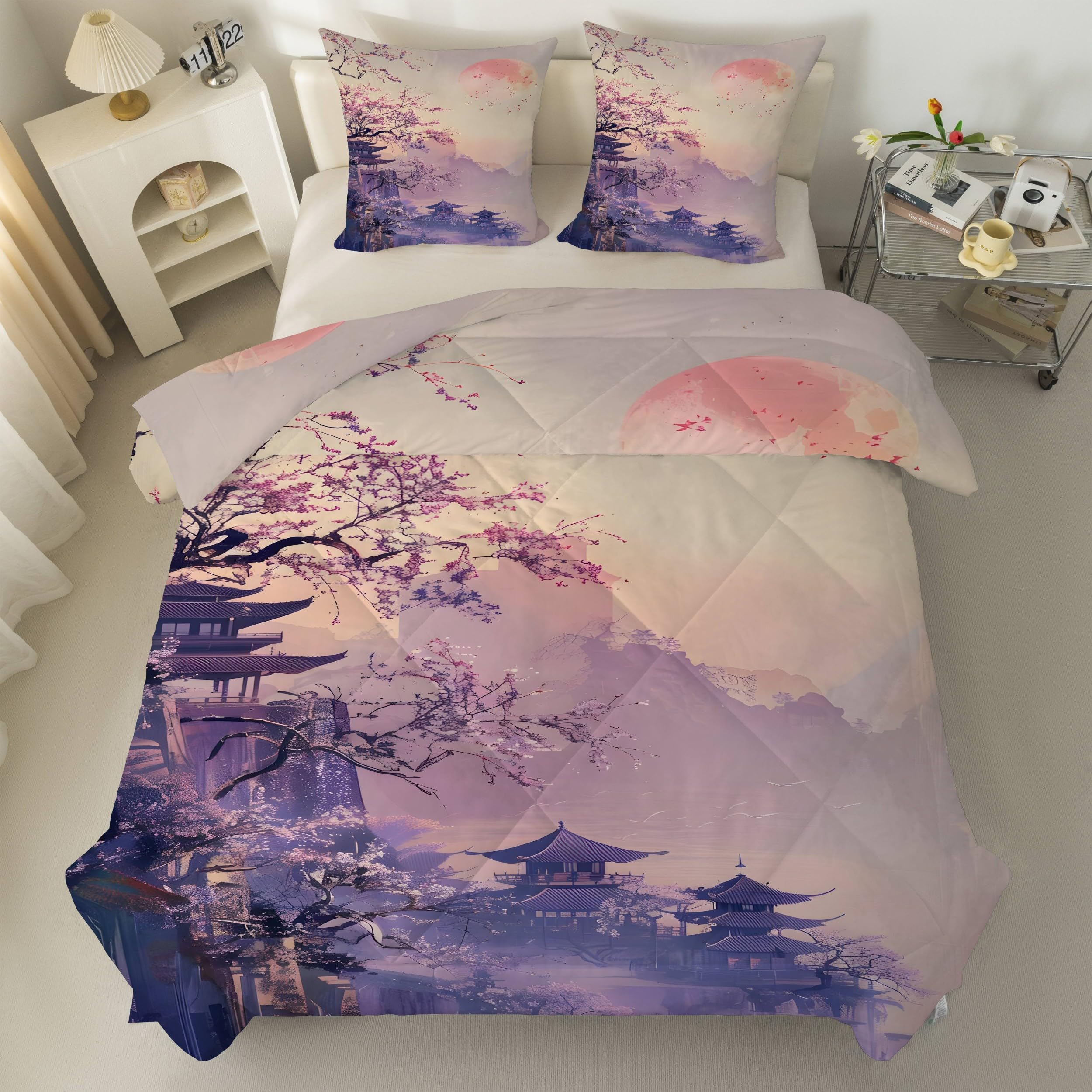 Couette 4 saisons 240x260 cm style japonais réversible Mont Fuji avec 2 taies d'oreiller microfibre