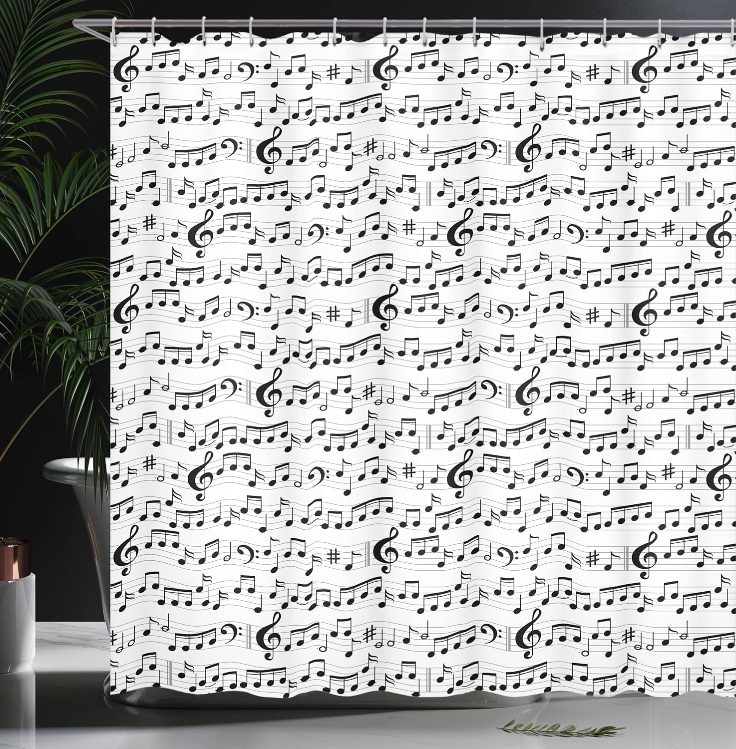 Ambesonne Music Shower Curtain, Abstract Style Professional Pattern Notes and Clef Sheet Play Writing Print, Cloth Fabric Bathroom Decor Set with Hooks, 69" W x 70" L, Black White