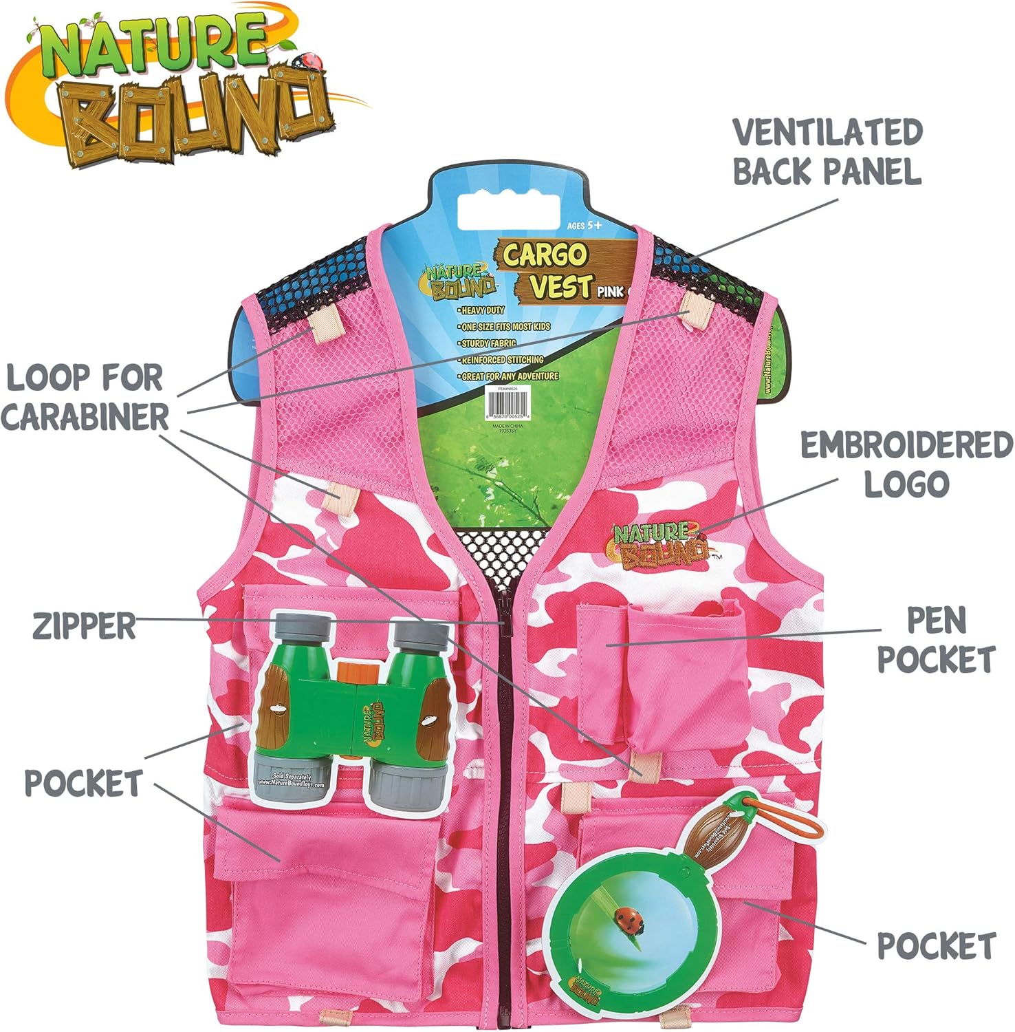 Nature Bound Explorer Kids Cargo Vest for Fishing, Troops, Boating, Outdoor Play, or Safari Costume. Pink Camouflage Print with Four Pockets, Fits Most Girls Ages 5-8, (Model: NB525)