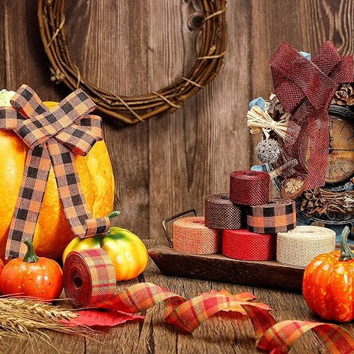 Miniatura 5 de Waydress 8 rollos de cinta de arpillera de otoño de 32 yardas de 1 pulgada, cinta a cuadros de otoño para lazos florales, manualidades, corona,