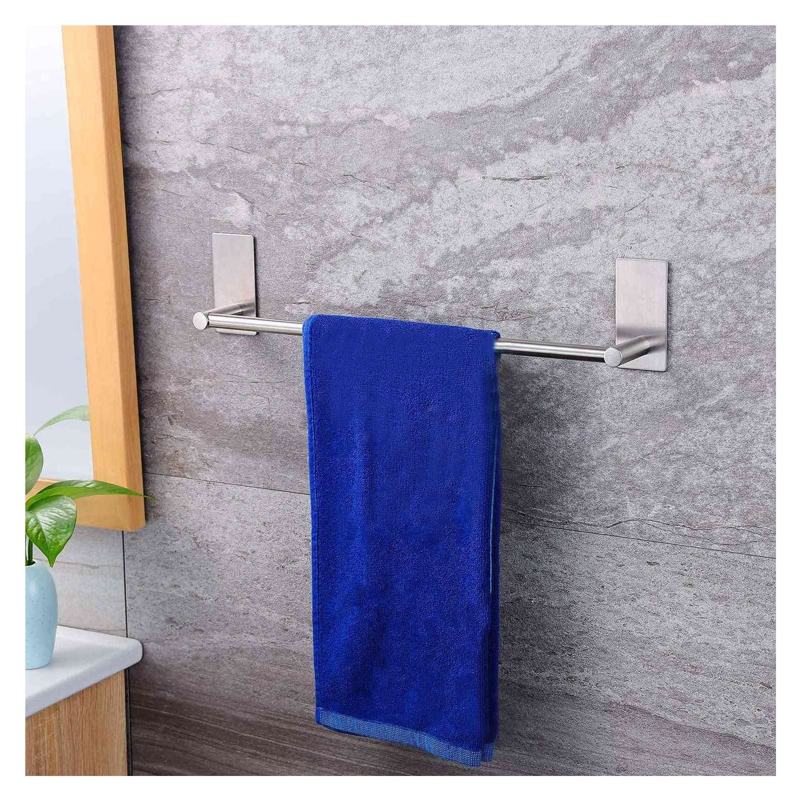 Toallero de 16 pulgadas con 2 ganchos adhesivos, toallero de mano montado en la pared, accesorios de baño plateados, fácil instalación, gancho de toalla para uso doméstico